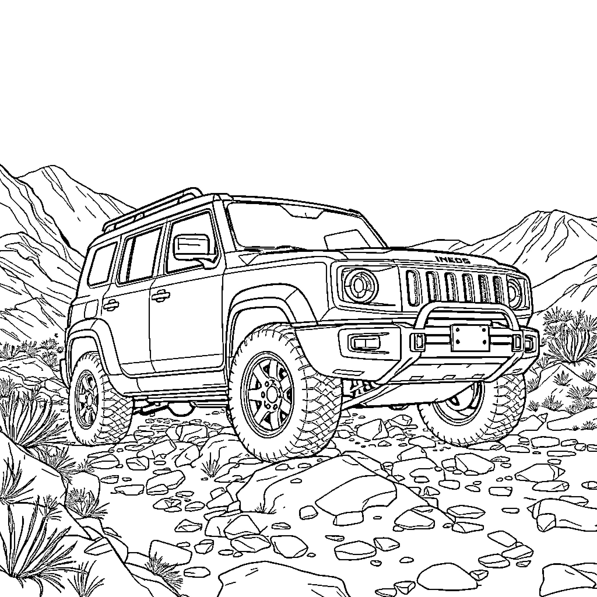 Ineos Grenadier off-roading through rugged terrain Coloring Page (free black-and-white line drawing printable PDF for all, from beginners to advanced learners, including children, teens, adults, and seniors)