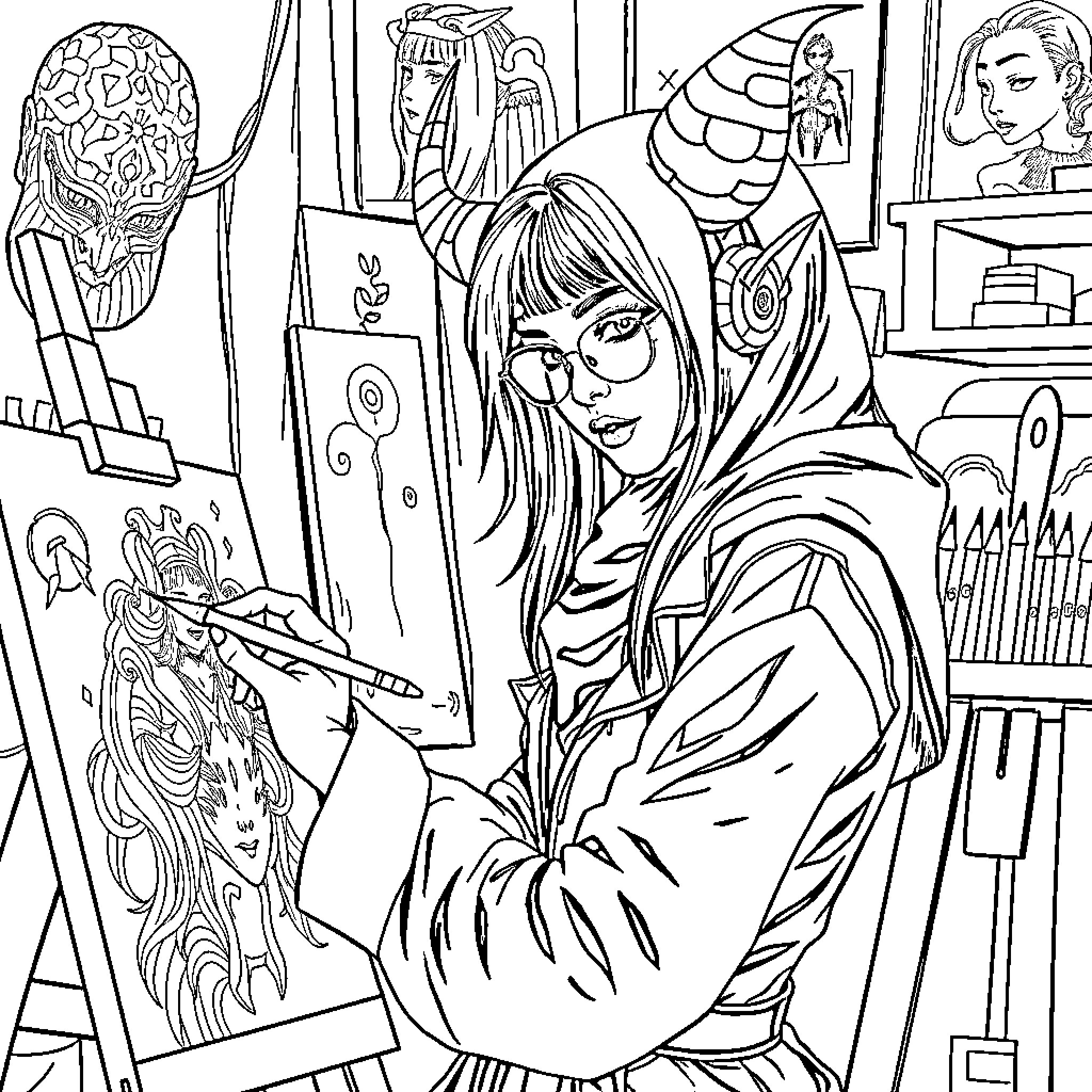 Rumi painting intricate artwork in her studio Coloring Page (free black-and-white line drawing printable PDF for all, from beginners to advanced learners, including children, teens, adults, and seniors)