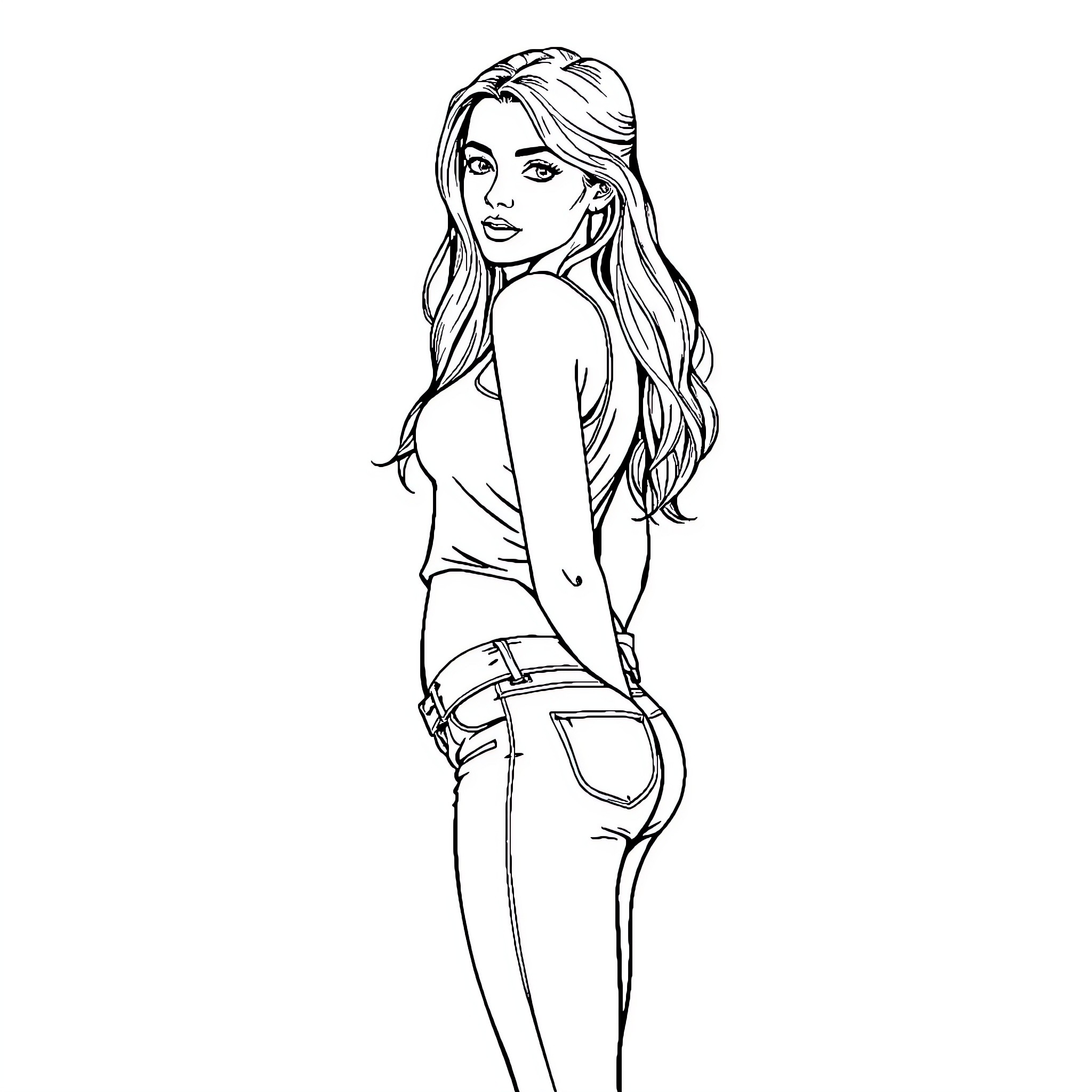 Woman with long flowing hair posing confidently Coloring Page (free black-and-white line drawing printable PDF for all, from beginners to advanced learners, including children, teens, adults, and seniors)