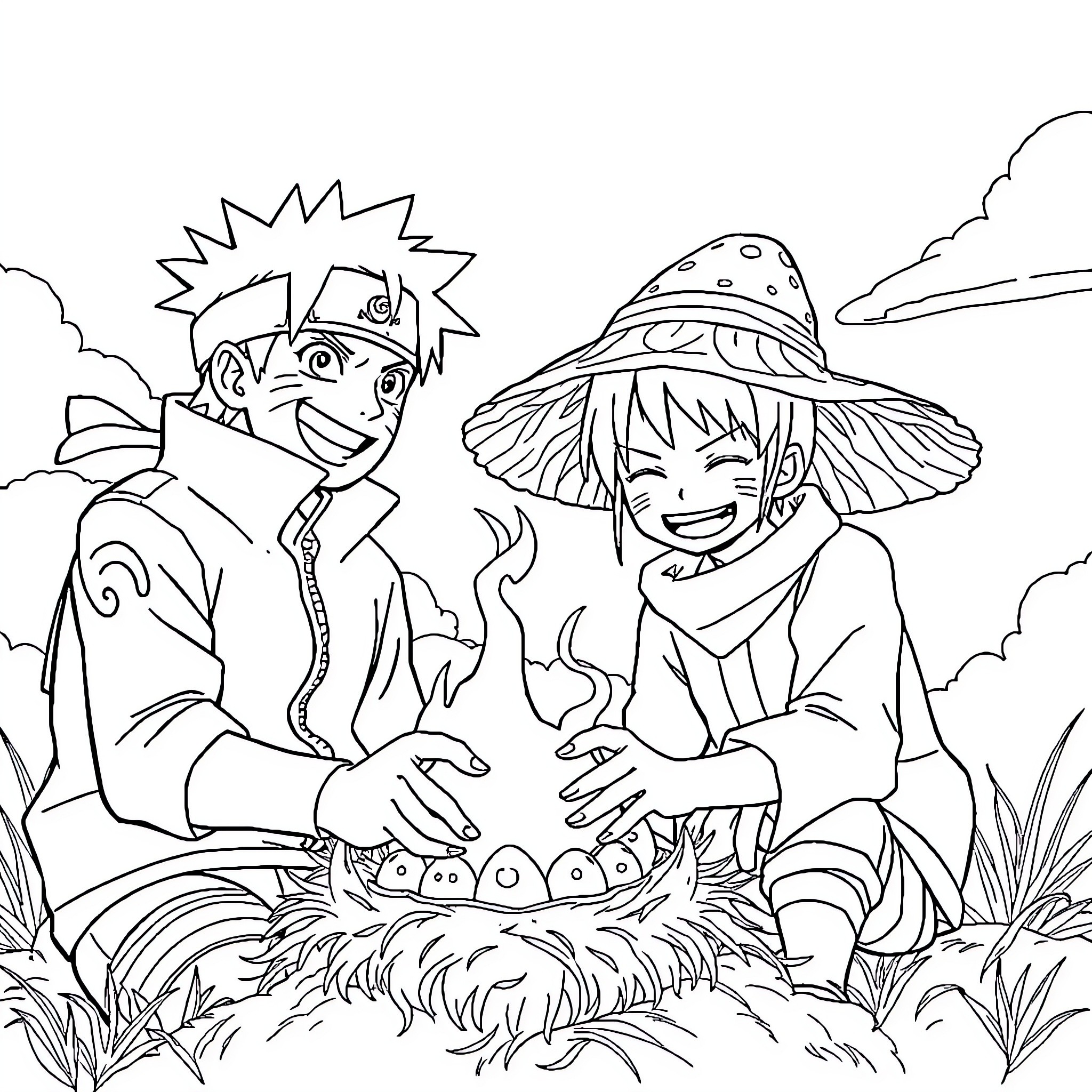 Naruto and Luffy Exploring the Wilderness Together Coloring Page (free black-and-white line drawing printable PDF for all, from beginners to advanced learners, including children, teens, adults, and seniors)