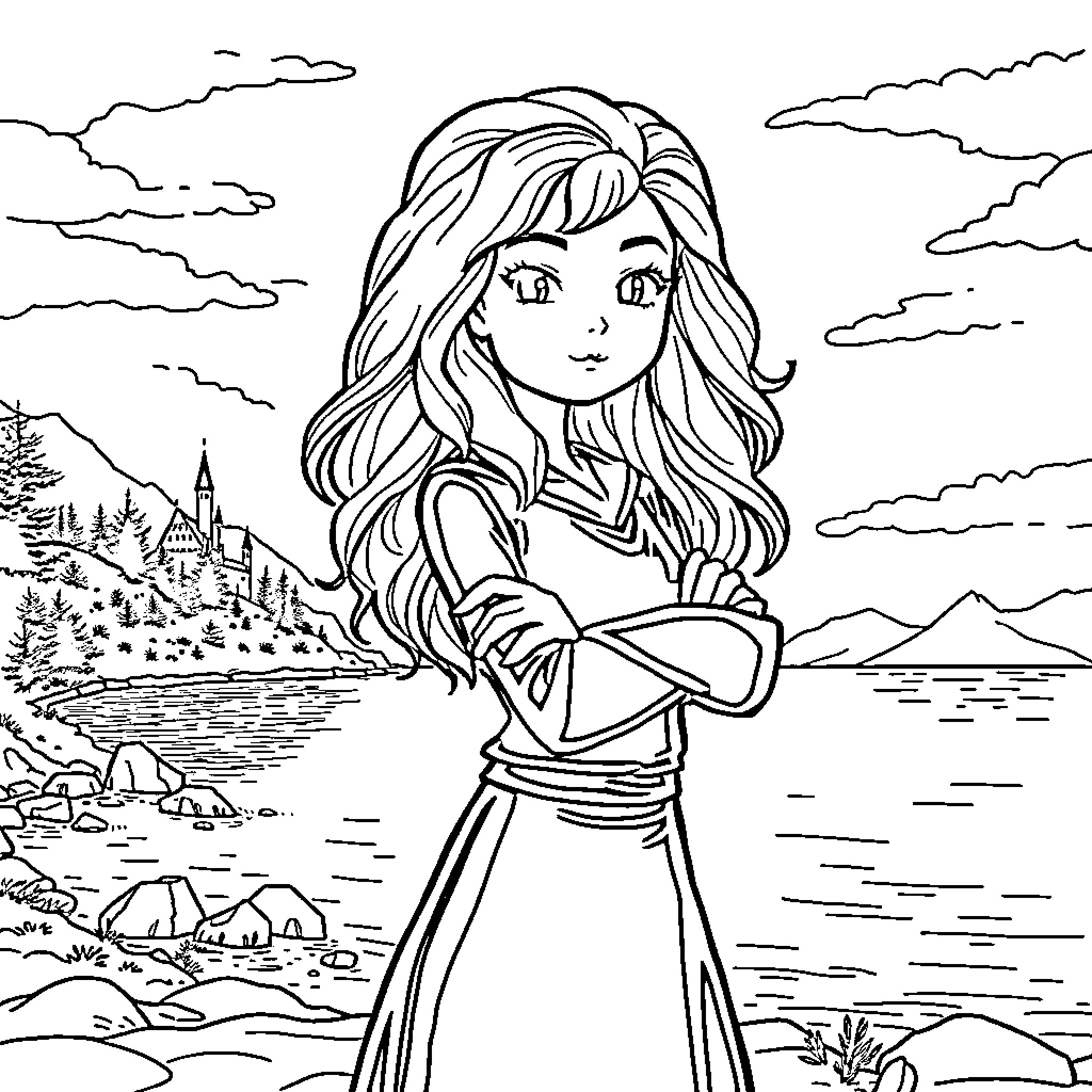 Hermione enjoying the scenic lakeside view Coloring Page (free black-and-white line drawing printable PDF for all, from beginners to advanced learners, including children, teens, adults, and seniors)