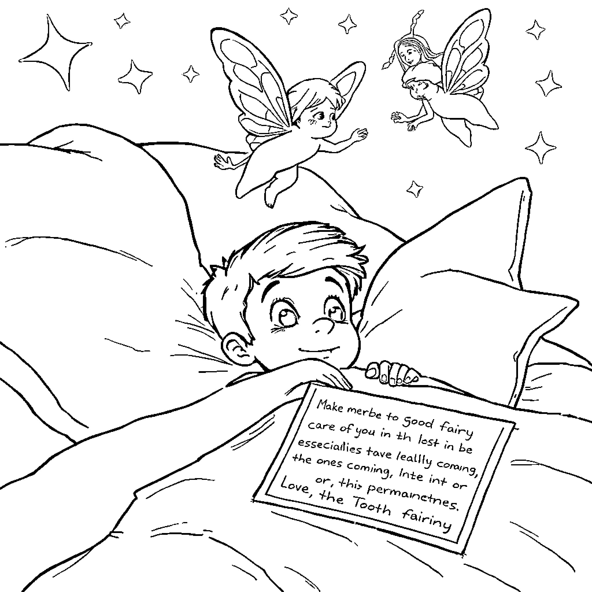 Tooth Fairy's Magical Visit to a Child's Bedside Coloring Page (free black-and-white line drawing printable PDF for all, from beginners to advanced learners, including children, teens, adults, and seniors)