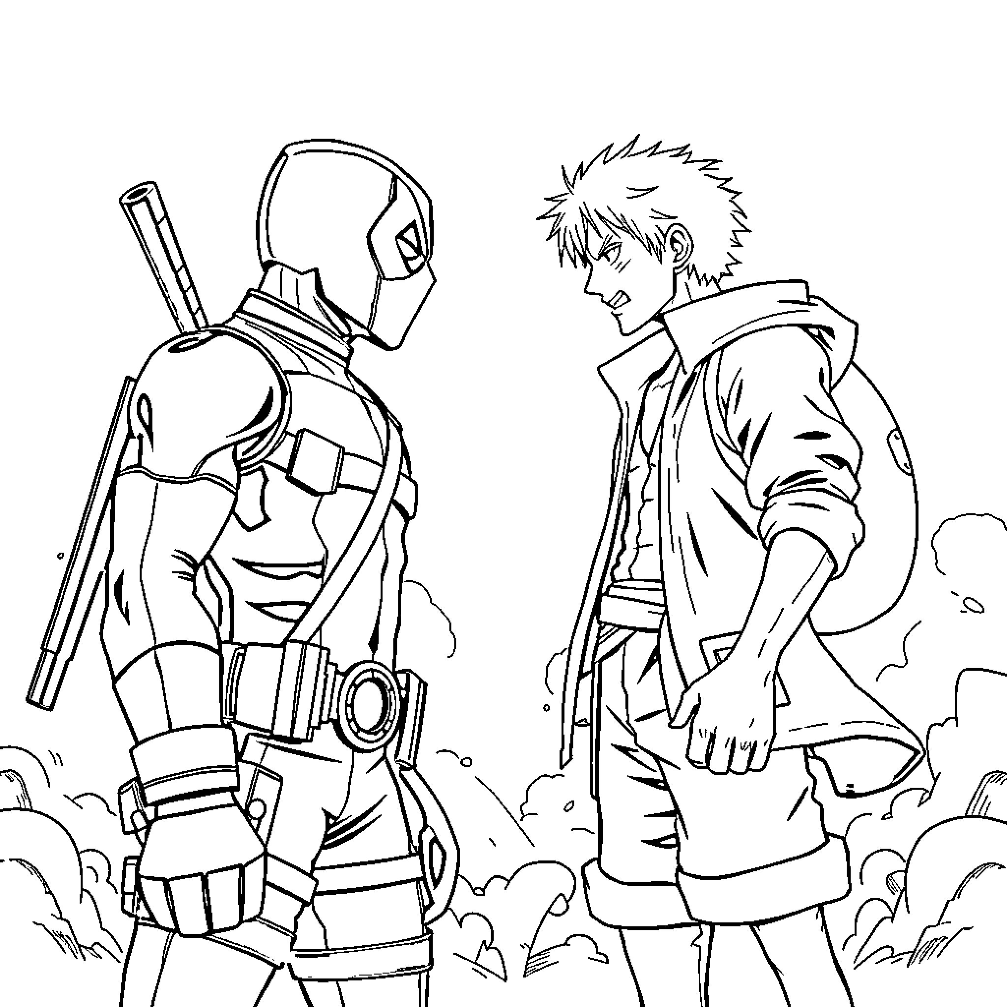 Deadpool and Anime-Style Character in Confrontation Coloring Page (free black-and-white line drawing printable PDF for all, from beginners to advanced learners, including children, teens, adults, and seniors)