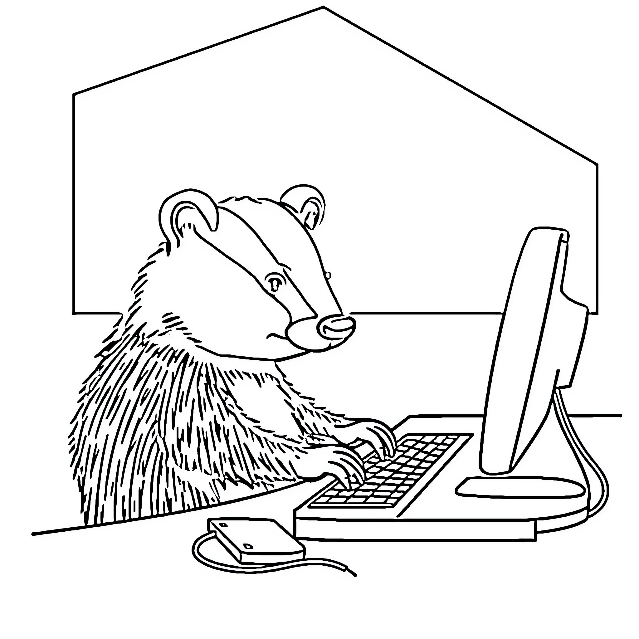Badger using computer in office environment Coloring Page (free black-and-white line drawing printable PDF for all, from beginners to advanced learners, including children, teens, adults, and seniors)
