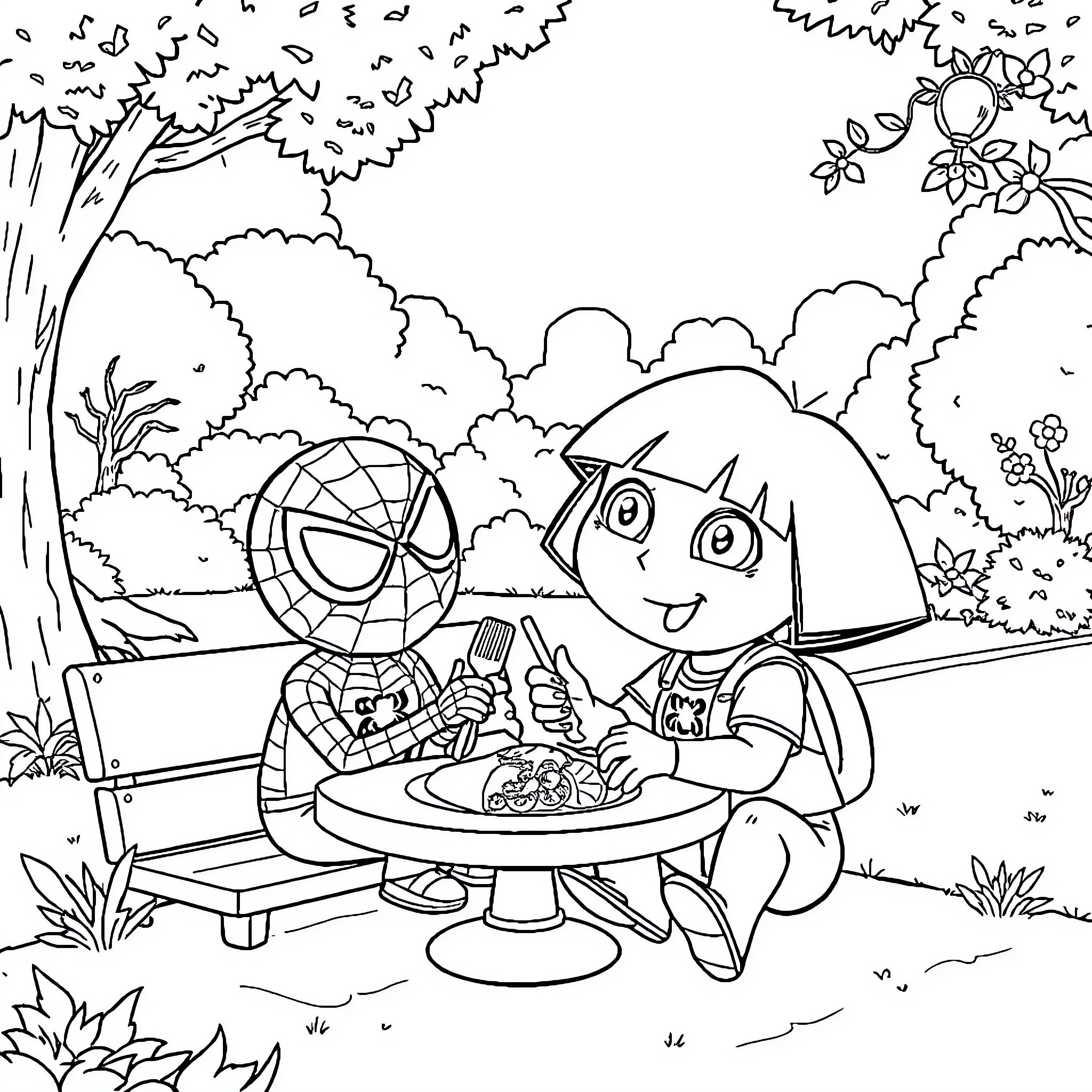 Dora and Spider-Man Enjoy a Picnic Outdoors Coloring Page (free black-and-white line drawing printable PDF for all, from beginners to advanced learners, including children, teens, adults, and seniors)