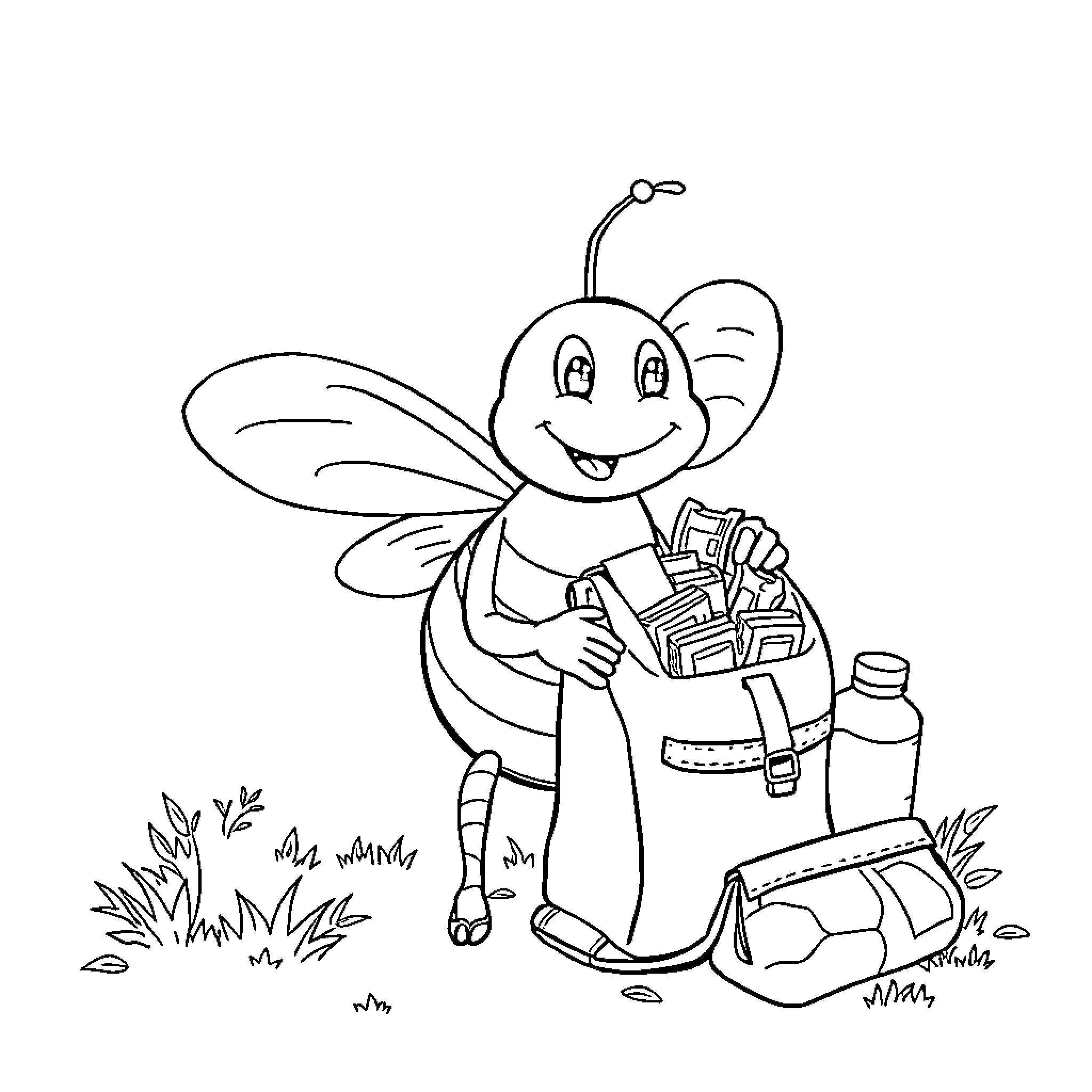 Bee carrying a backpack in the wilderness Coloring Page (free black-and-white line drawing printable PDF for all, from beginners to advanced learners, including children, teens, adults, and seniors)