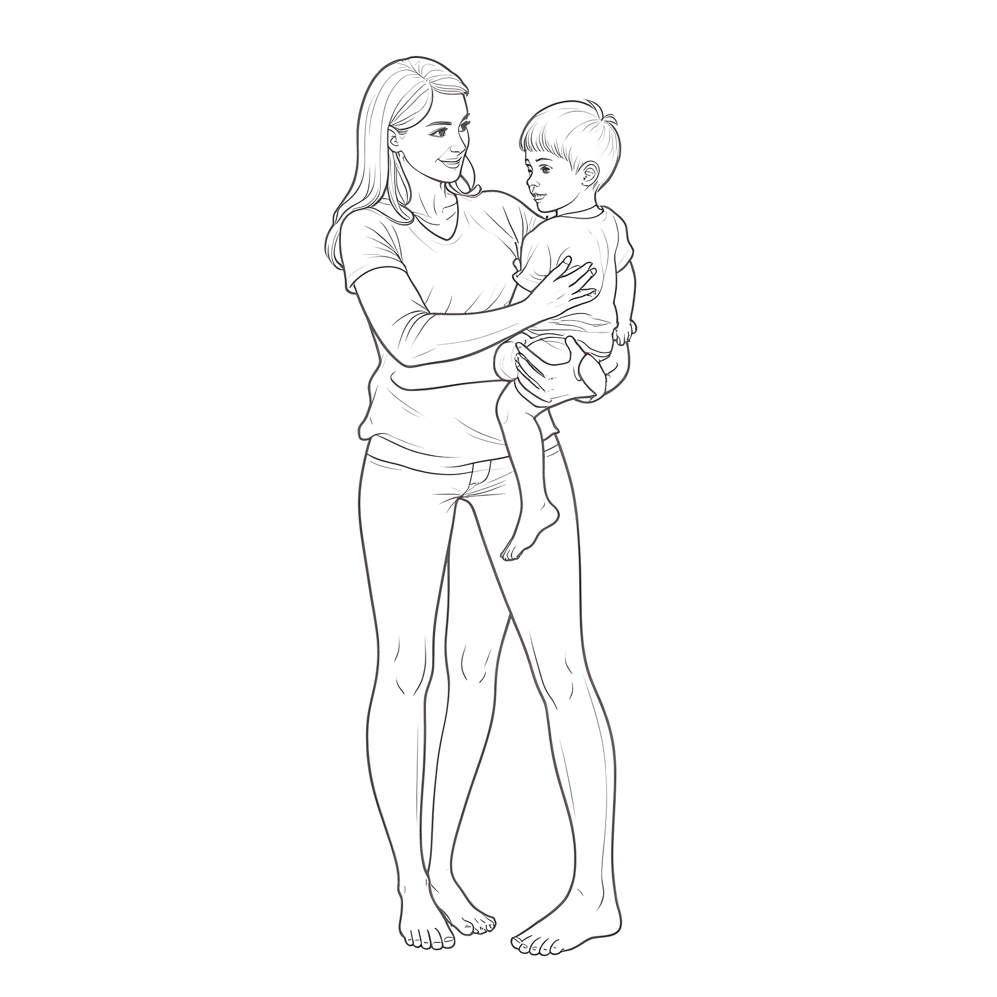 Woman caring for a young child Coloring Page (free black-and-white line drawing printable PDF for all, from beginners to advanced learners, including children, teens, adults, and seniors)