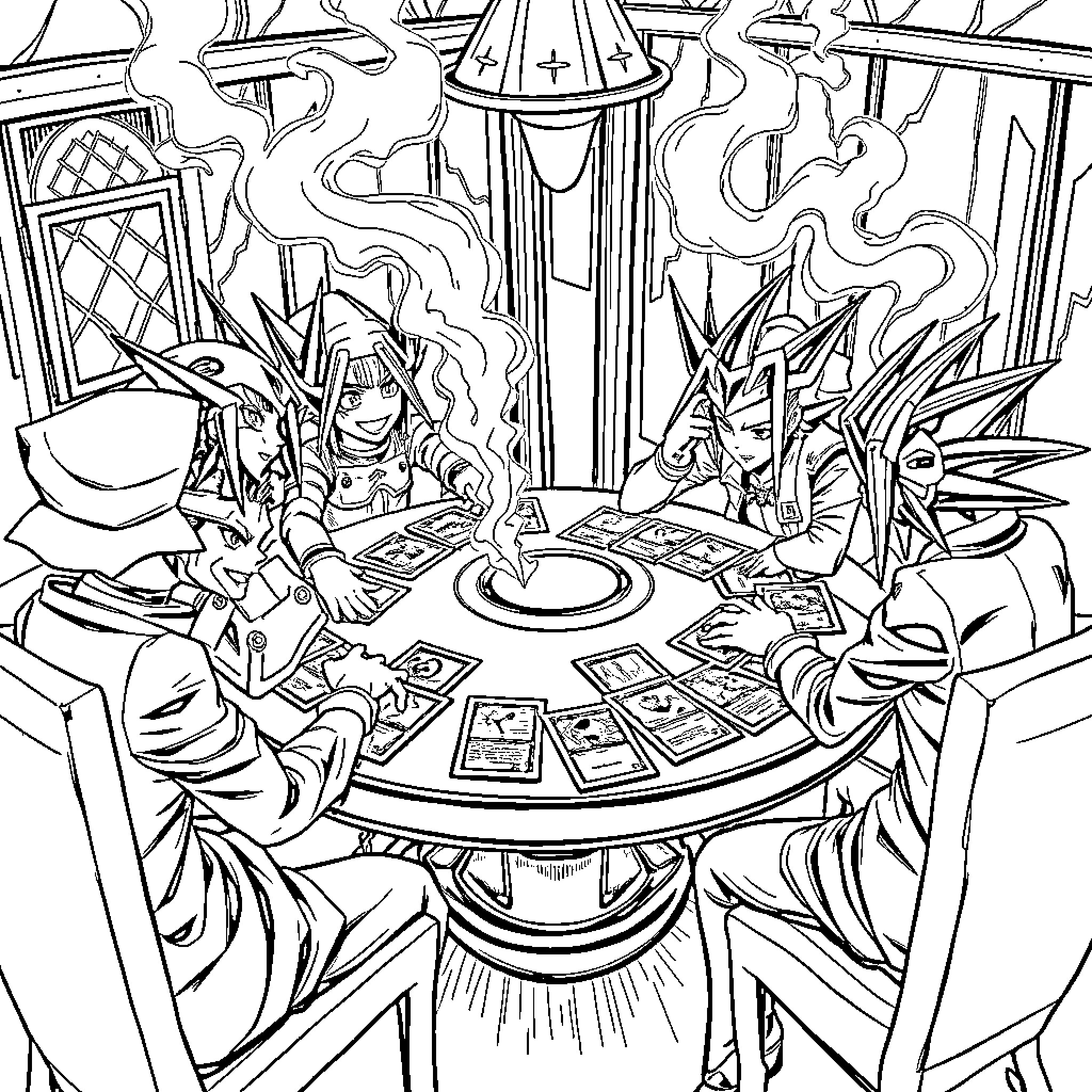 Yu-Gi-Oh: Epic Duel between Legendary Duelists Coloring Page (free black-and-white line drawing printable PDF for all, from beginners to advanced learners, including children, teens, adults, and seniors)