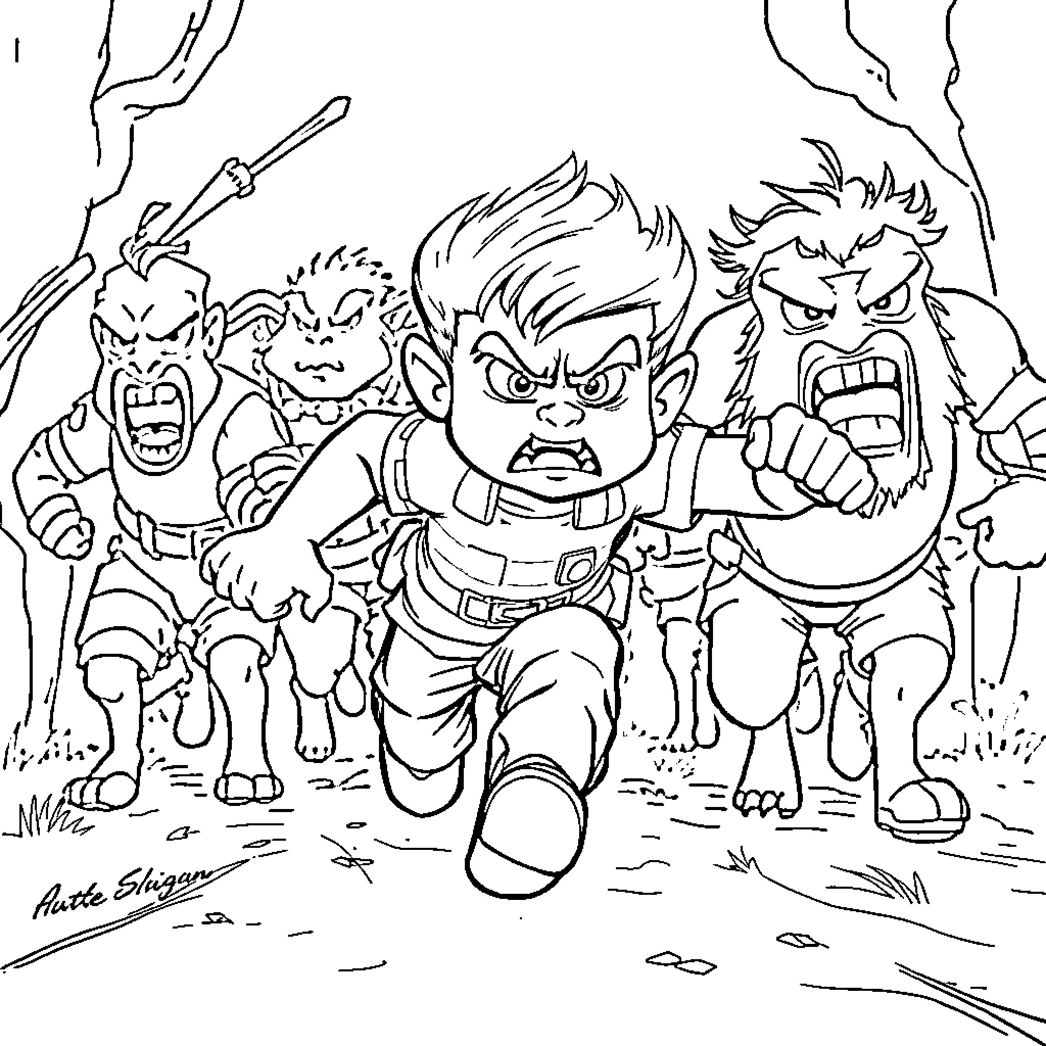 Singham and friends in action-packed adventure Coloring Page (free black-and-white line drawing printable PDF for all, from beginners to advanced learners, including children, teens, adults, and seniors)