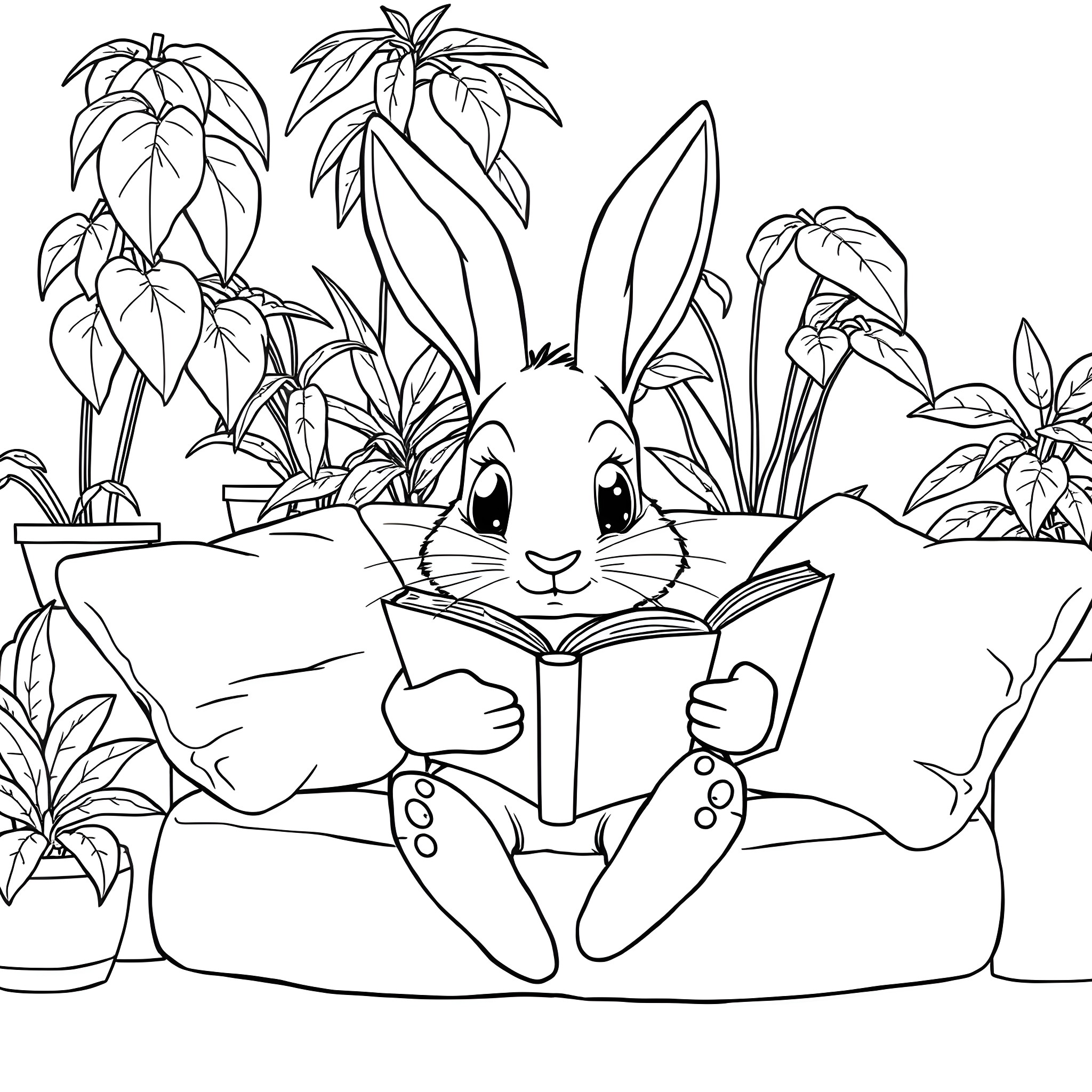 Rabbit Reading a Book in a Lush Garden Coloring Page (free black-and-white line drawing printable PDF for all, from beginners to advanced learners, including children, teens, adults, and seniors)