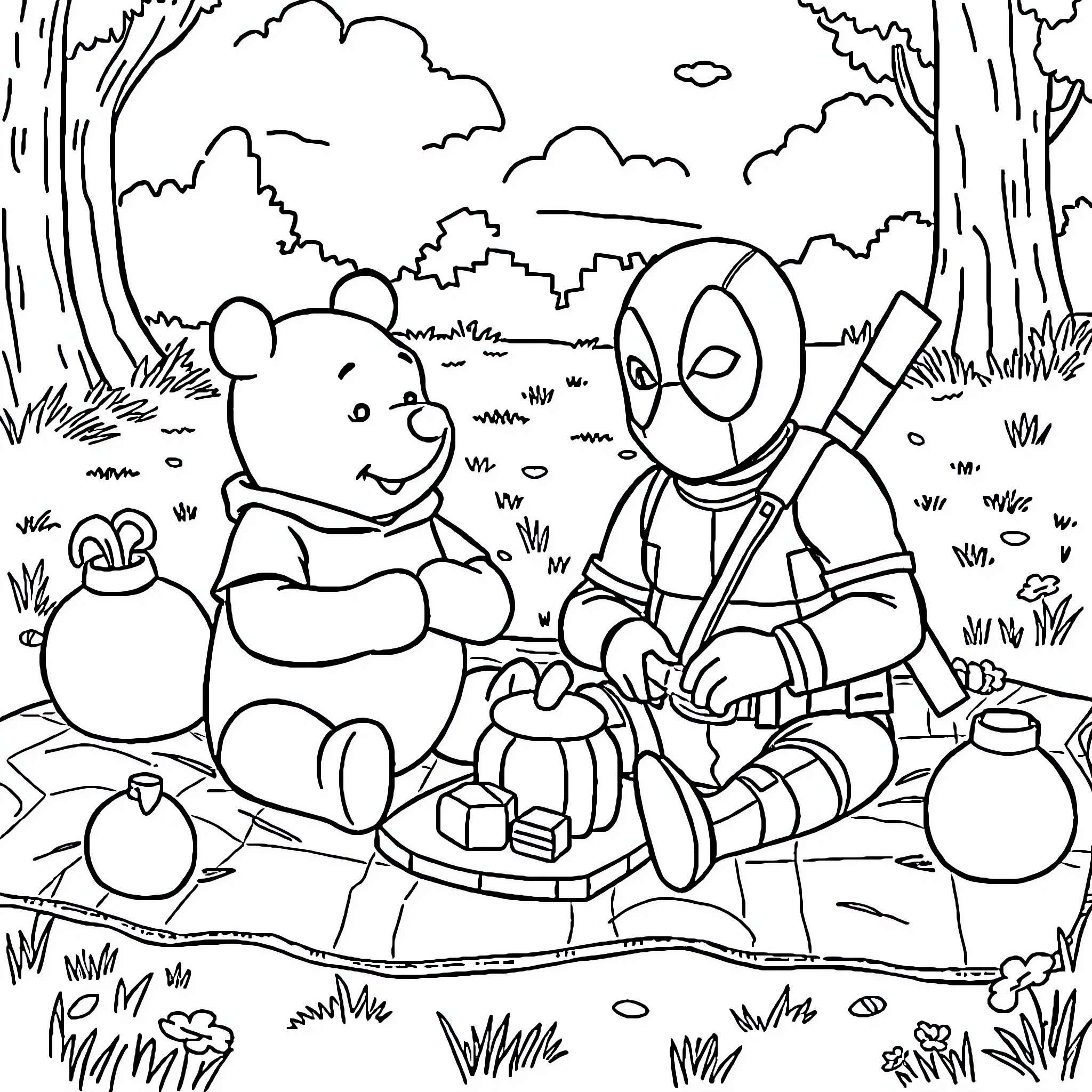 Winnie The Pooh enjoying picnic in the forest Coloring Page (free black-and-white line drawing printable PDF for all, from beginners to advanced learners, including children, teens, adults, and seniors)