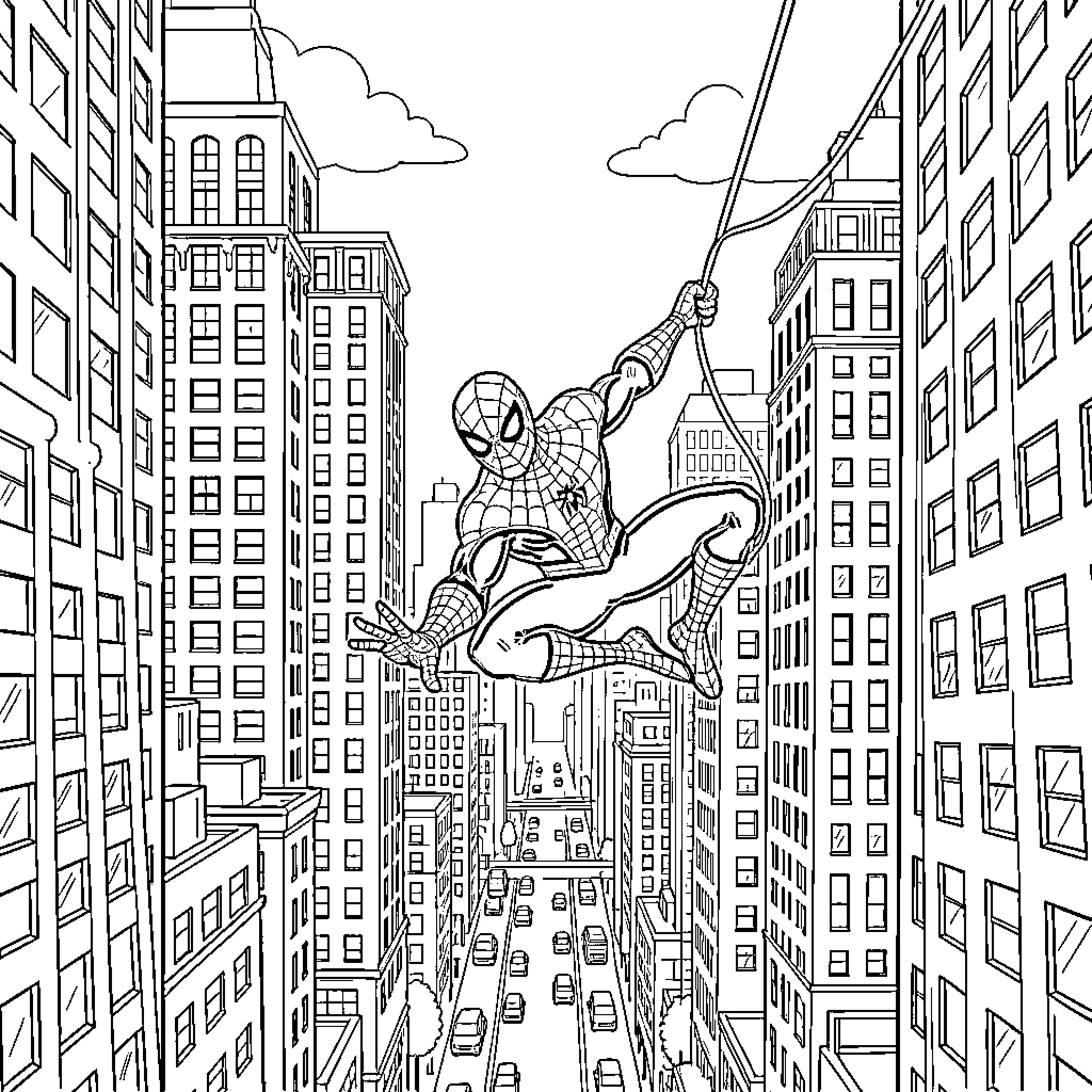 Spider-Man swinging through a city canyon between skyscrapers Coloring Page (free black-and-white line drawing printable PDF for all, from beginners to advanced learners, including children, teens, adults, and seniors)