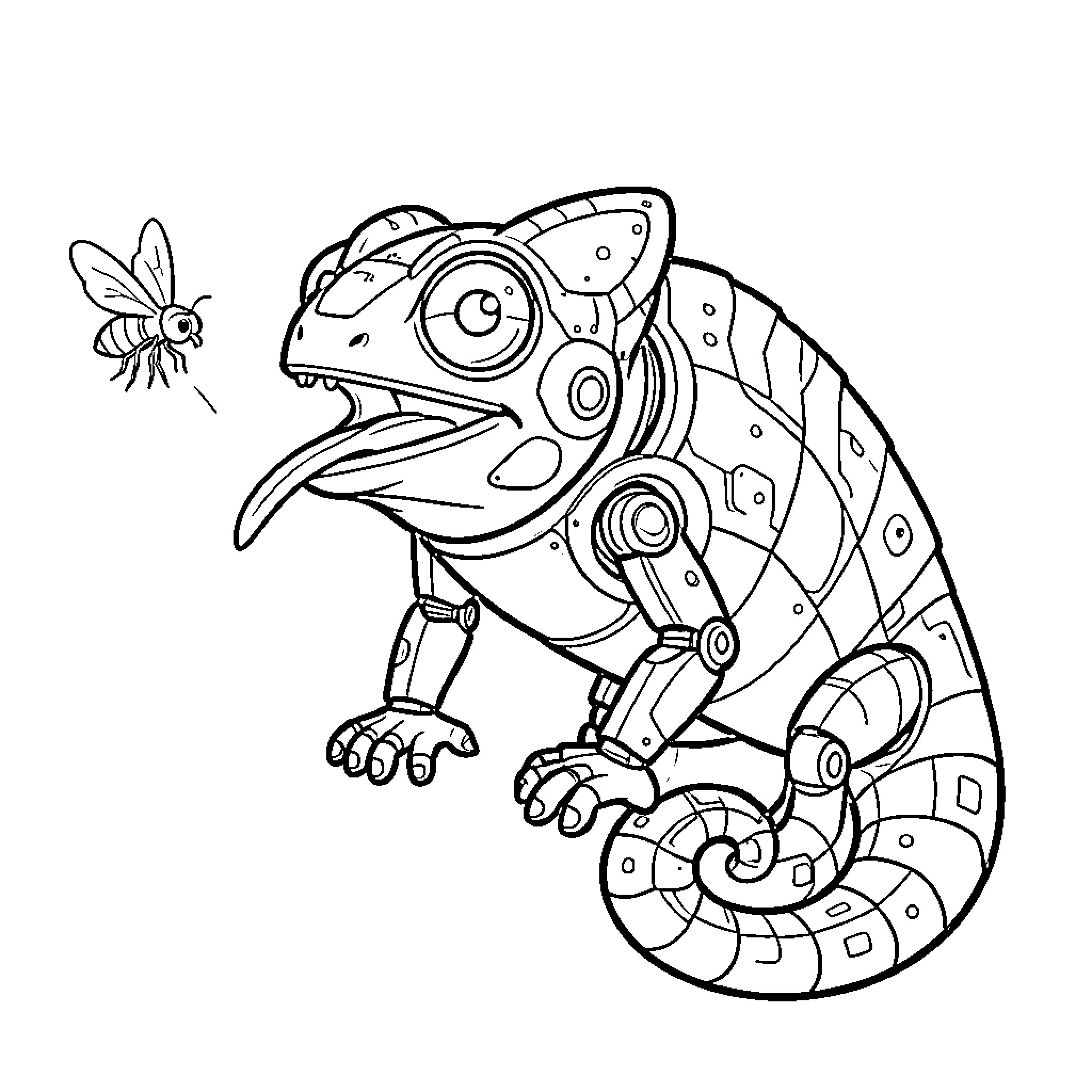 Robot chameleon hunting a flying insect Coloring Page (free black-and-white line drawing printable PDF for all, from beginners to advanced learners, including children, teens, adults, and seniors)