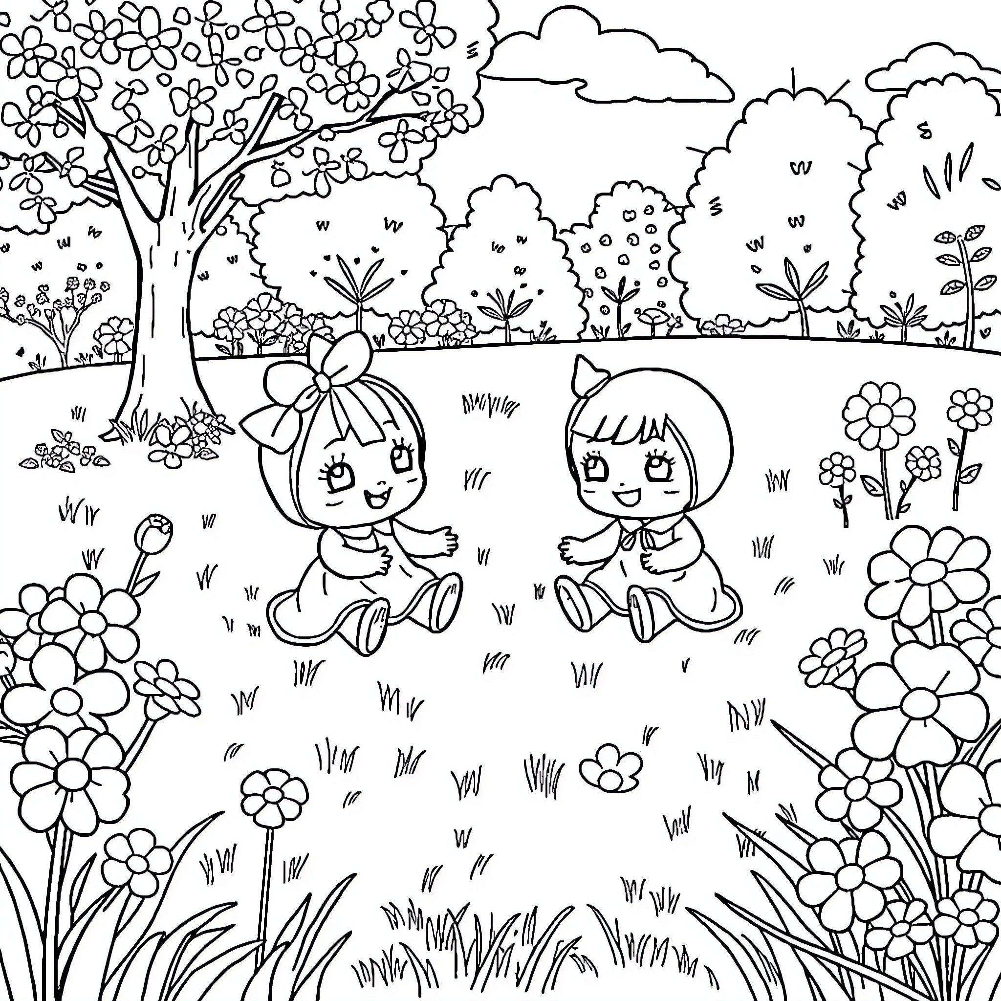 Labubu's Playful Day in the Floral Garden Coloring Page (free black-and-white line drawing printable PDF for all, from beginners to advanced learners, including children, teens, adults, and seniors)