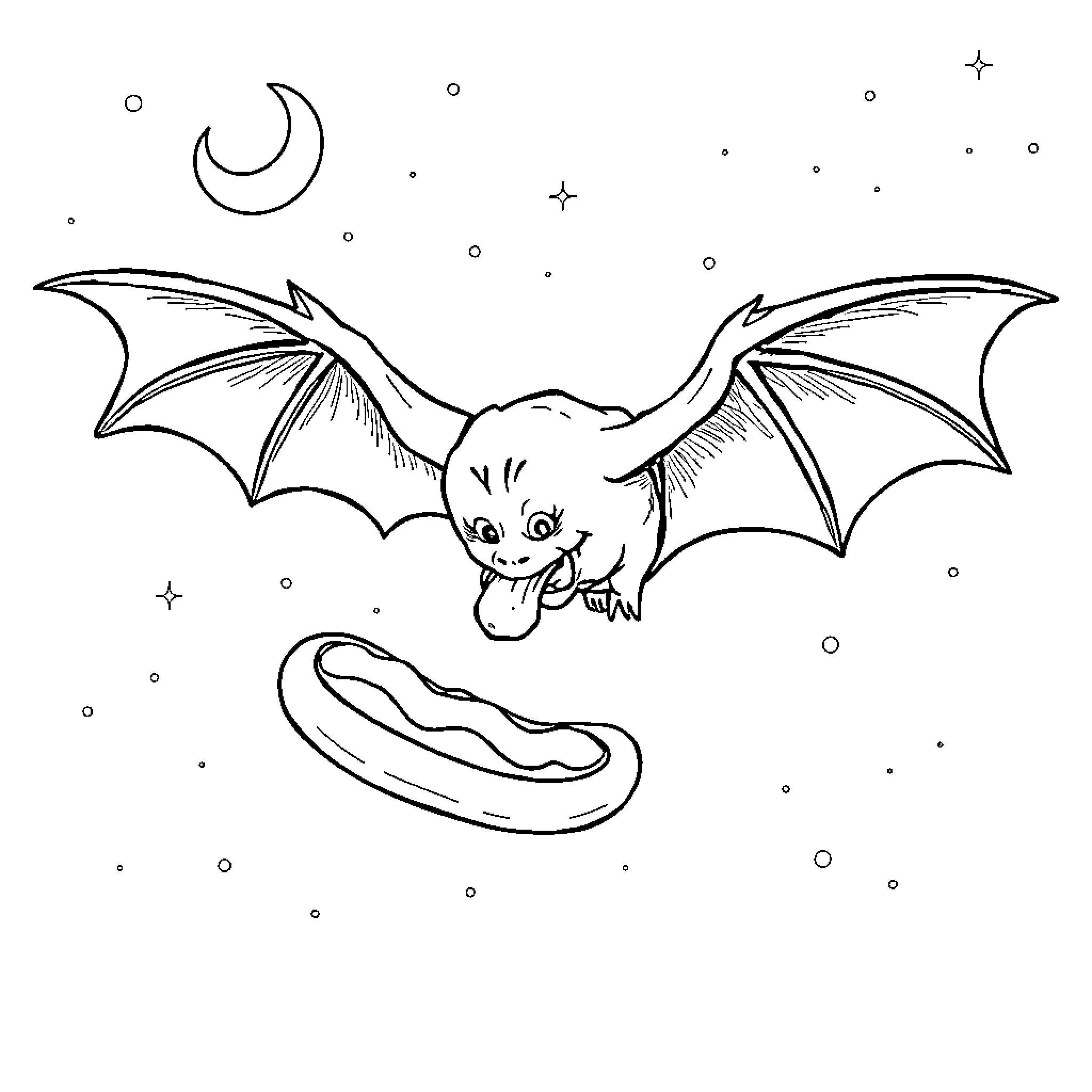Bat soaring through the starry night sky Coloring Page (free black-and-white line drawing printable PDF for all, from beginners to advanced learners, including children, teens, adults, and seniors)