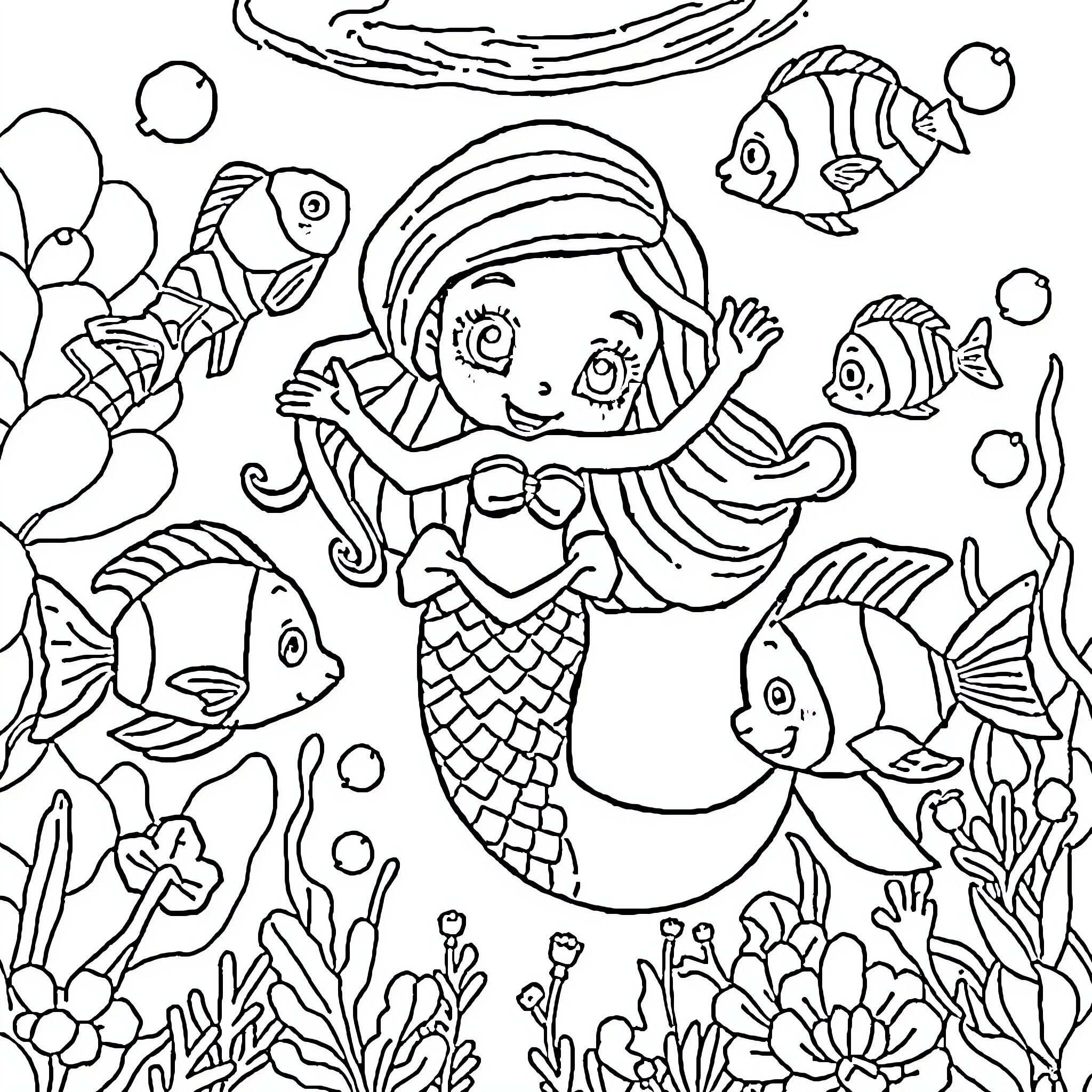 Mermaid swimming joyfully with colorful sea creatures Coloring Page (free black-and-white line drawing printable PDF for all, from beginners to advanced learners, including children, teens, adults, and seniors)