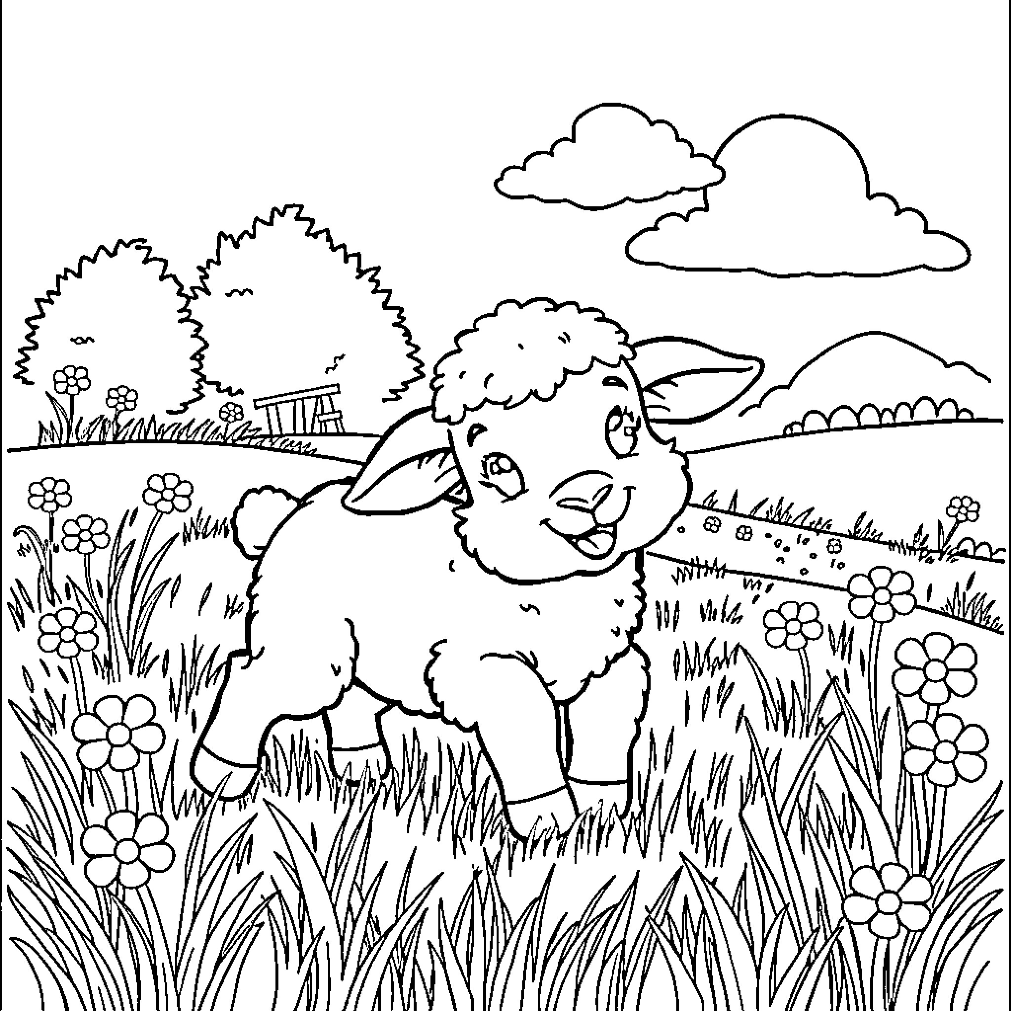 Luigi the Lamb's Peaceful Meadow Adventure Coloring Page (free black-and-white line drawing printable PDF for all, from beginners to advanced learners, including children, teens, adults, and seniors)