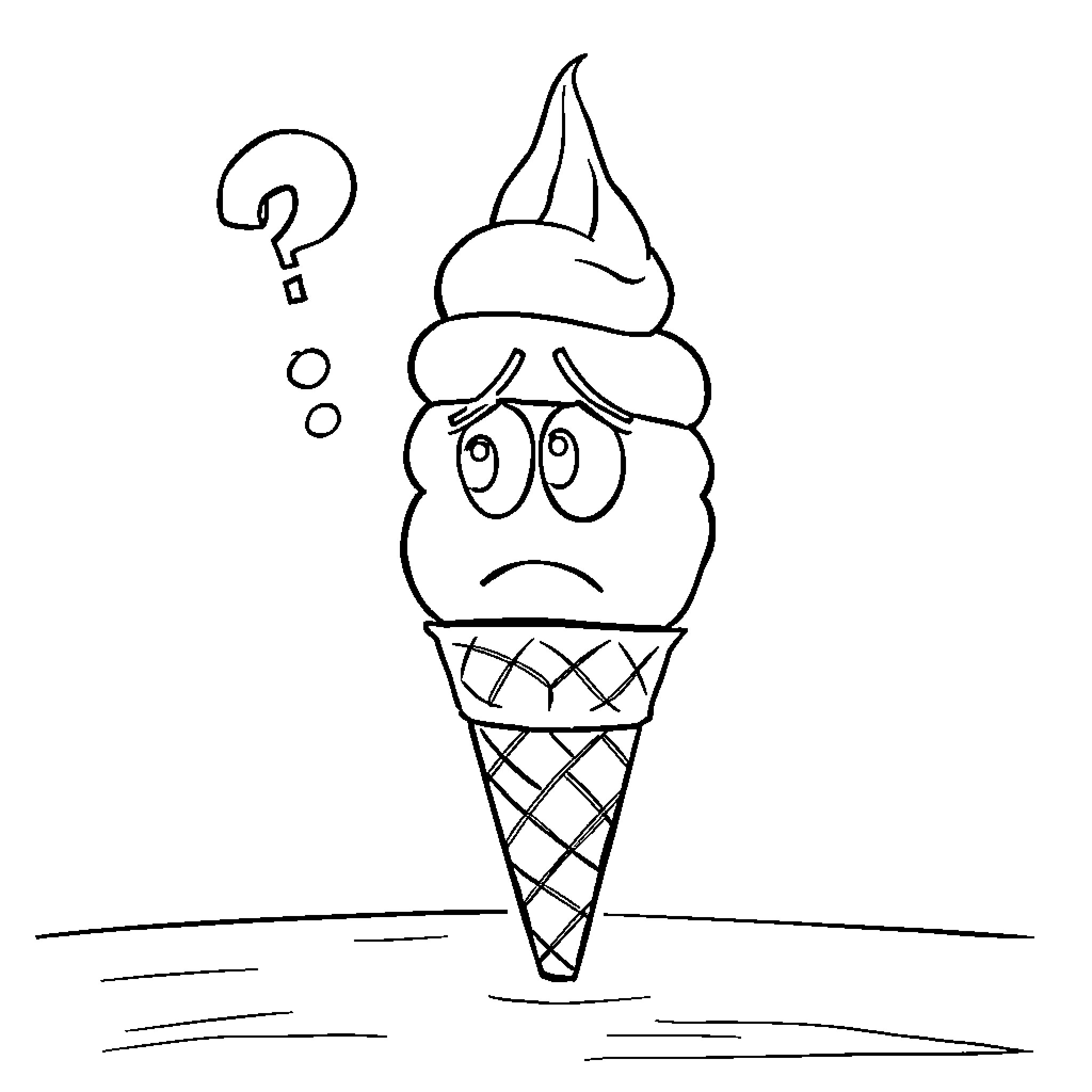Ice Cream Cone with Confused Expression Coloring Page (free black-and-white line drawing printable PDF for all, from beginners to advanced learners, including children, teens, adults, and seniors)