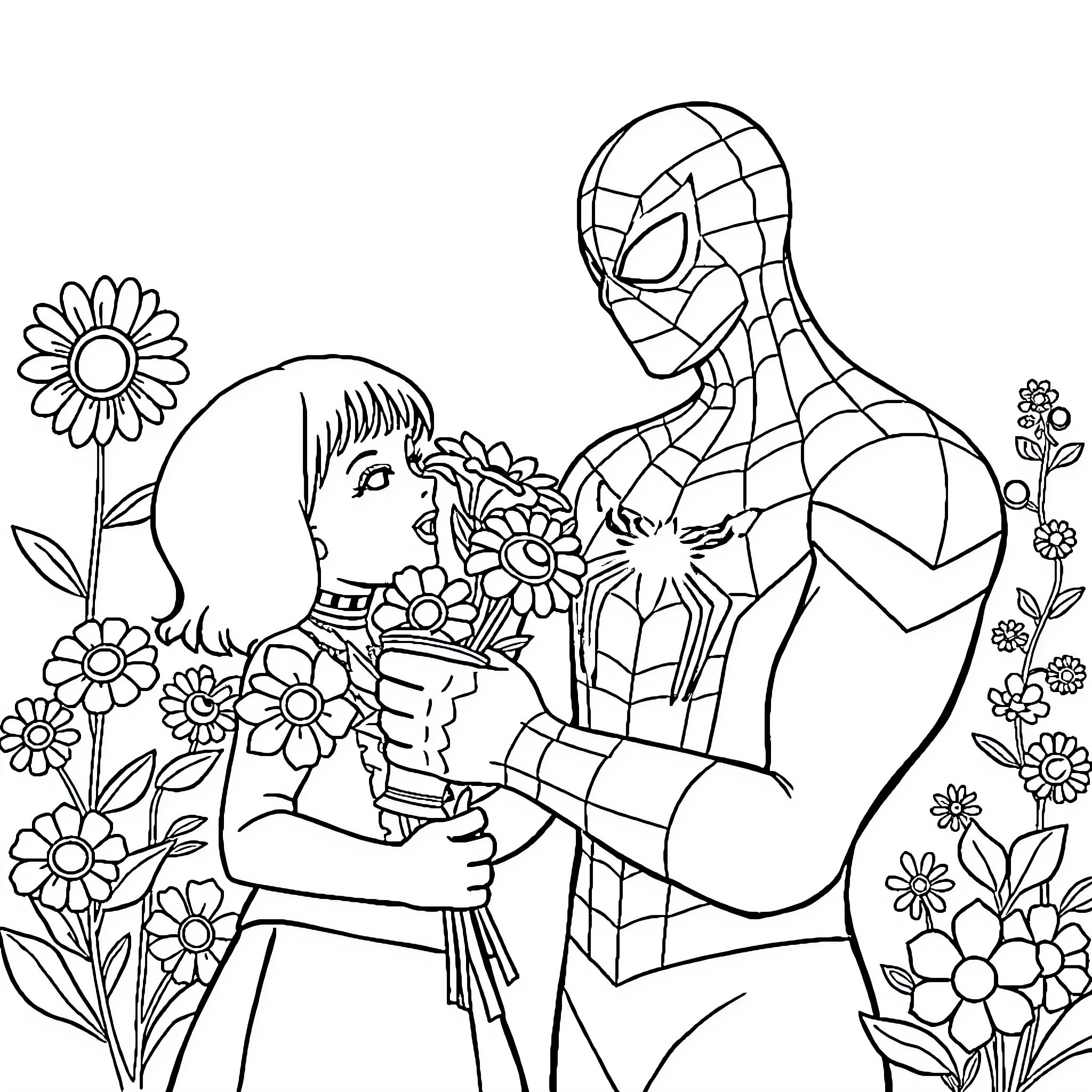 Spiderman comforting girl with flowers in garden Coloring Page (free black-and-white line drawing printable PDF for all, from beginners to advanced learners, including children, teens, adults, and seniors)