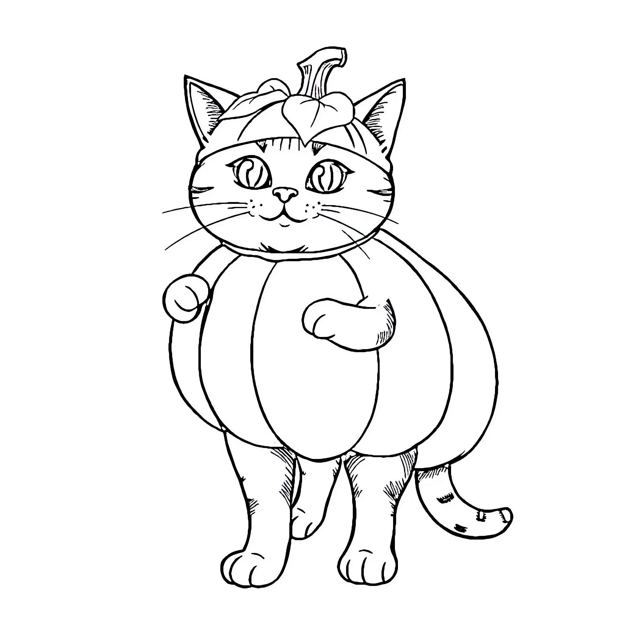 Cat dressed up in pumpkin costume Coloring Page (free black-and-white line drawing printable PDF for all, from beginners to advanced learners, including children, teens, adults, and seniors)