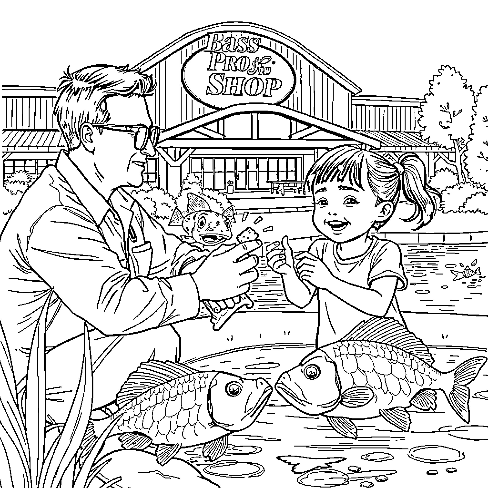 Man and girl admiring pet fish at bait shop Coloring Page (free black-and-white line drawing printable PDF for all, from beginners to advanced learners, including children, teens, adults, and seniors)