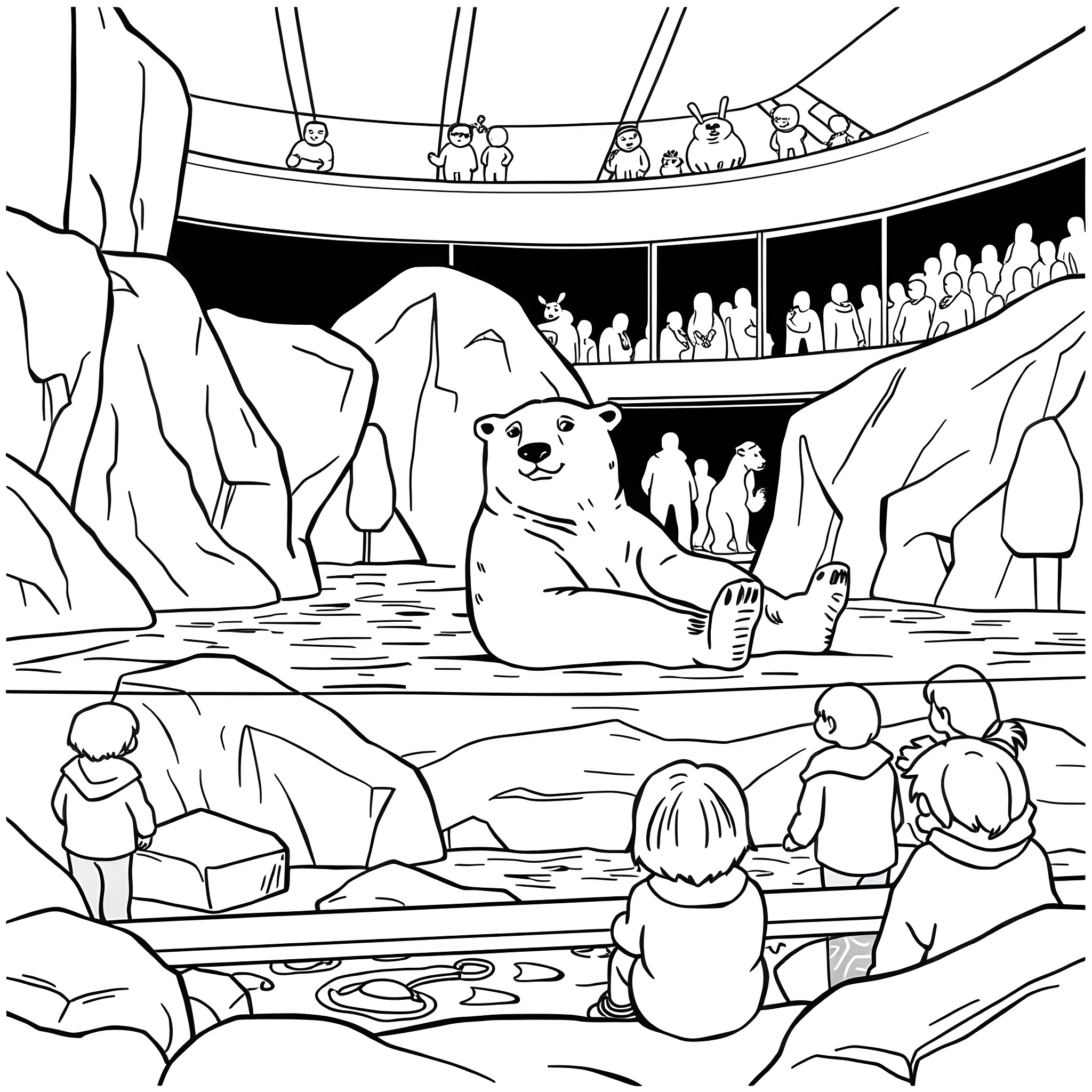 Polar Bear Lounging in Aquarium with Audience Coloring Page (free black-and-white line drawing printable PDF for all, from beginners to advanced learners, including children, teens, adults, and seniors)