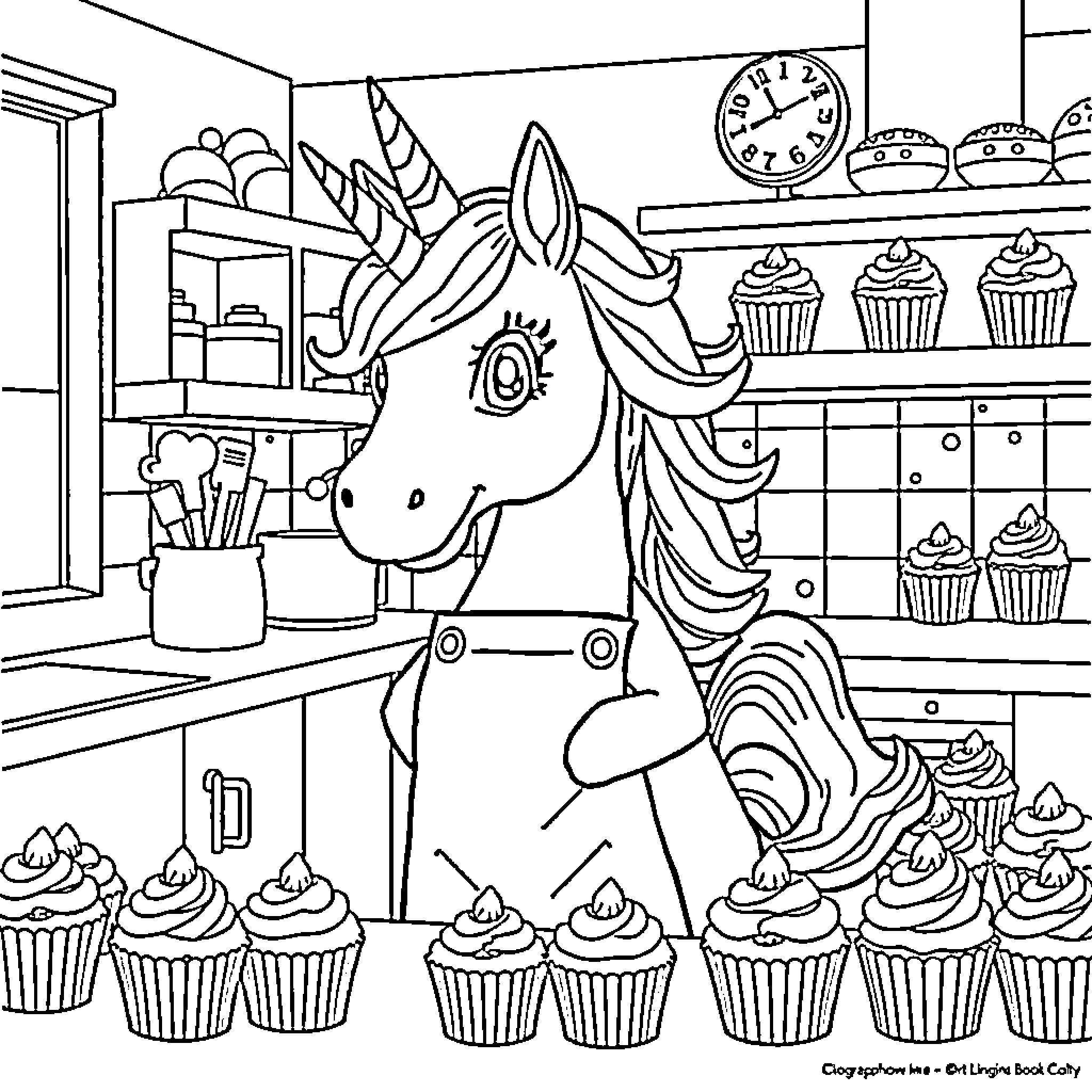 Unicorn in a Whimsical Bakery Scene Coloring Page (free black-and-white line drawing printable PDF for all, from beginners to advanced learners, including children, teens, adults, and seniors)