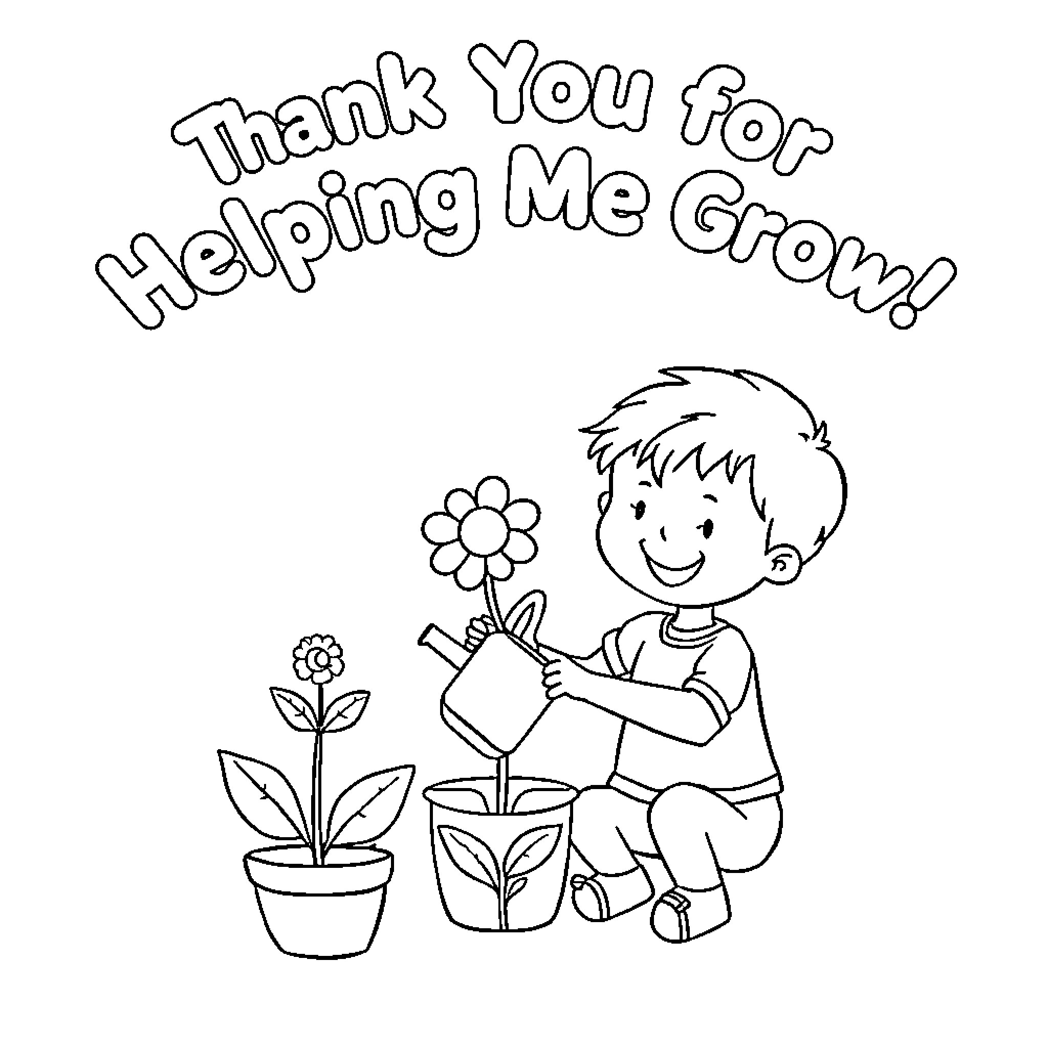 Child watering plants with appreciation Coloring Page (free black-and-white line drawing printable PDF for all, from beginners to advanced learners, including children, teens, adults, and seniors)