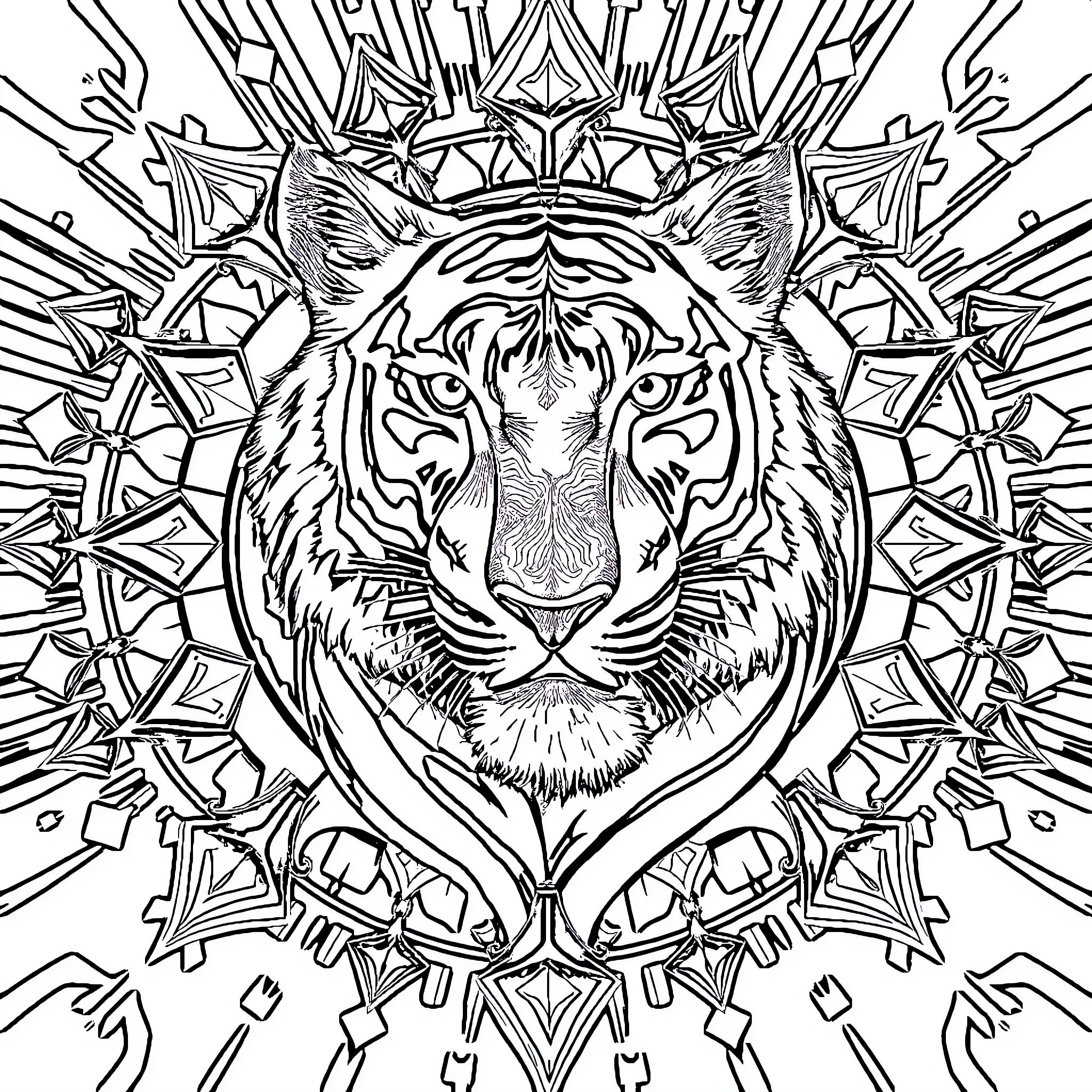 Tiger surrounded by intricate geometric patterns Coloring Page (free black-and-white line drawing printable PDF for all, from beginners to advanced learners, including children, teens, adults, and seniors)
