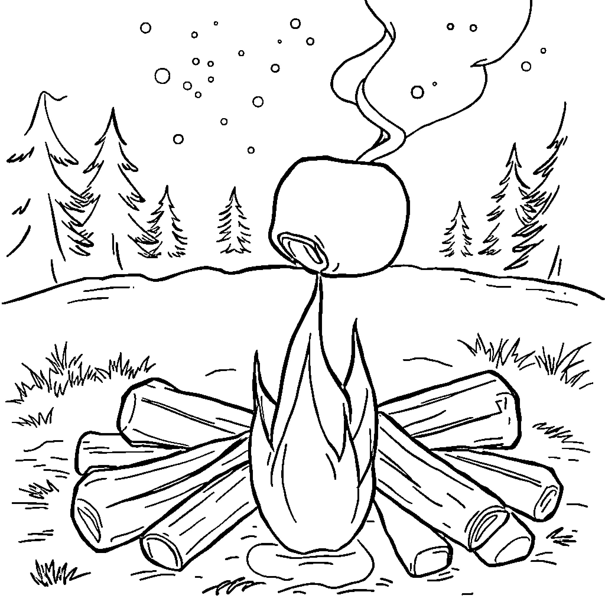 Marshmallow roasting over a campfire in the snowy forest Coloring Page (free black-and-white line drawing printable PDF for all, from beginners to advanced learners, including children, teens, adults, and seniors)
