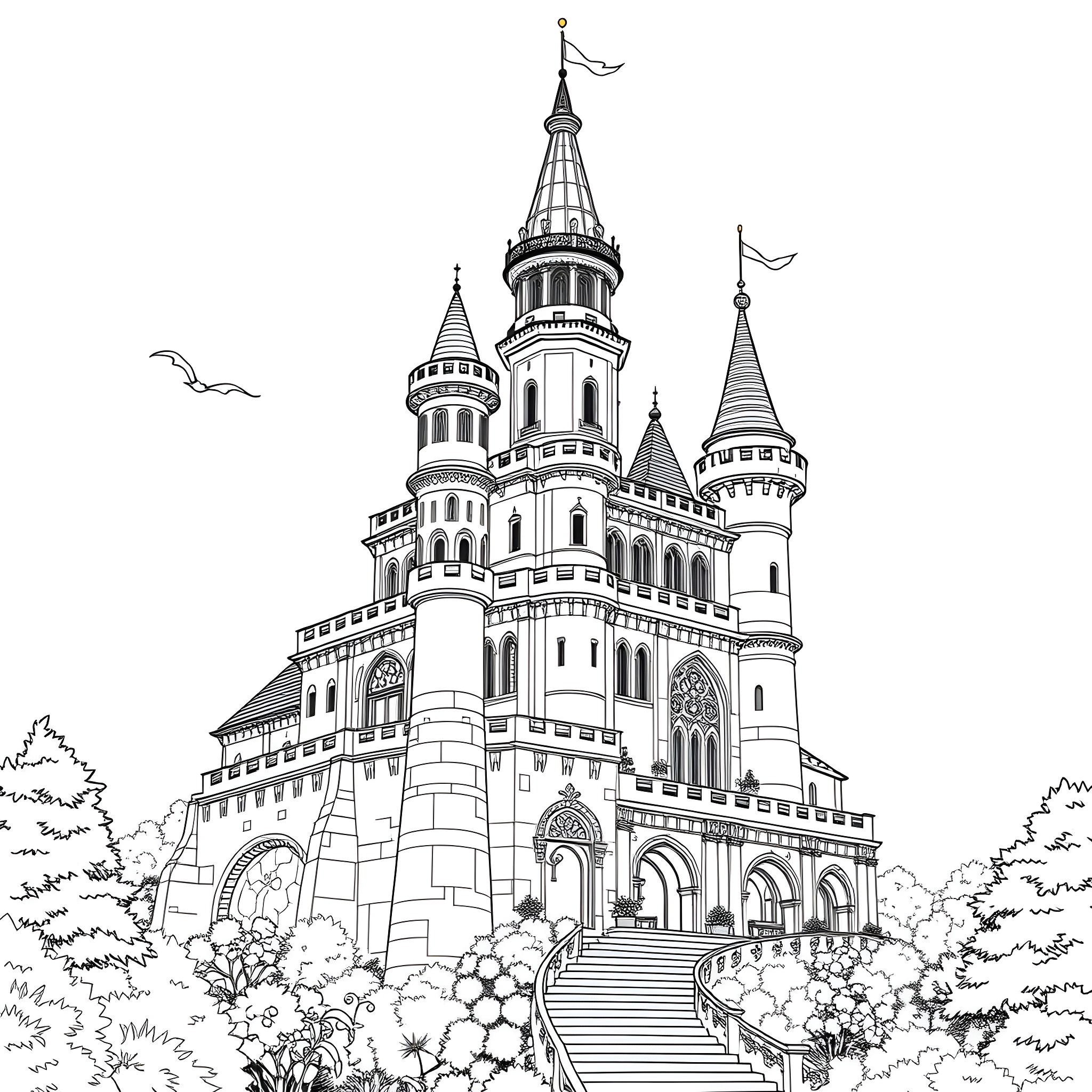 Castle with Intricate Architecture in a Lush Landscape Coloring Page (free black-and-white line drawing printable PDF for all, from beginners to advanced learners, including children, teens, adults, and seniors)