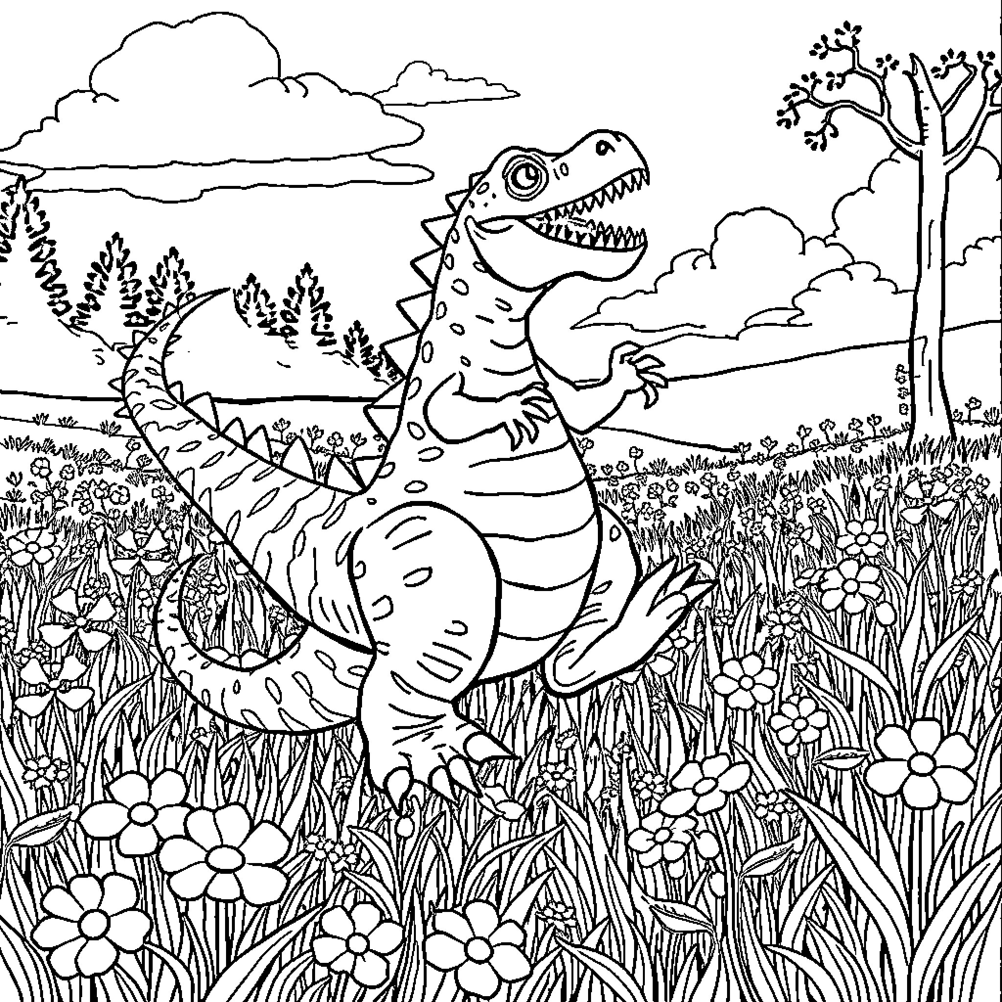 Monster Dinosaur Roaming in Lush Landscape Coloring Page (free black-and-white line drawing printable PDF for all, from beginners to advanced learners, including children, teens, adults, and seniors)
