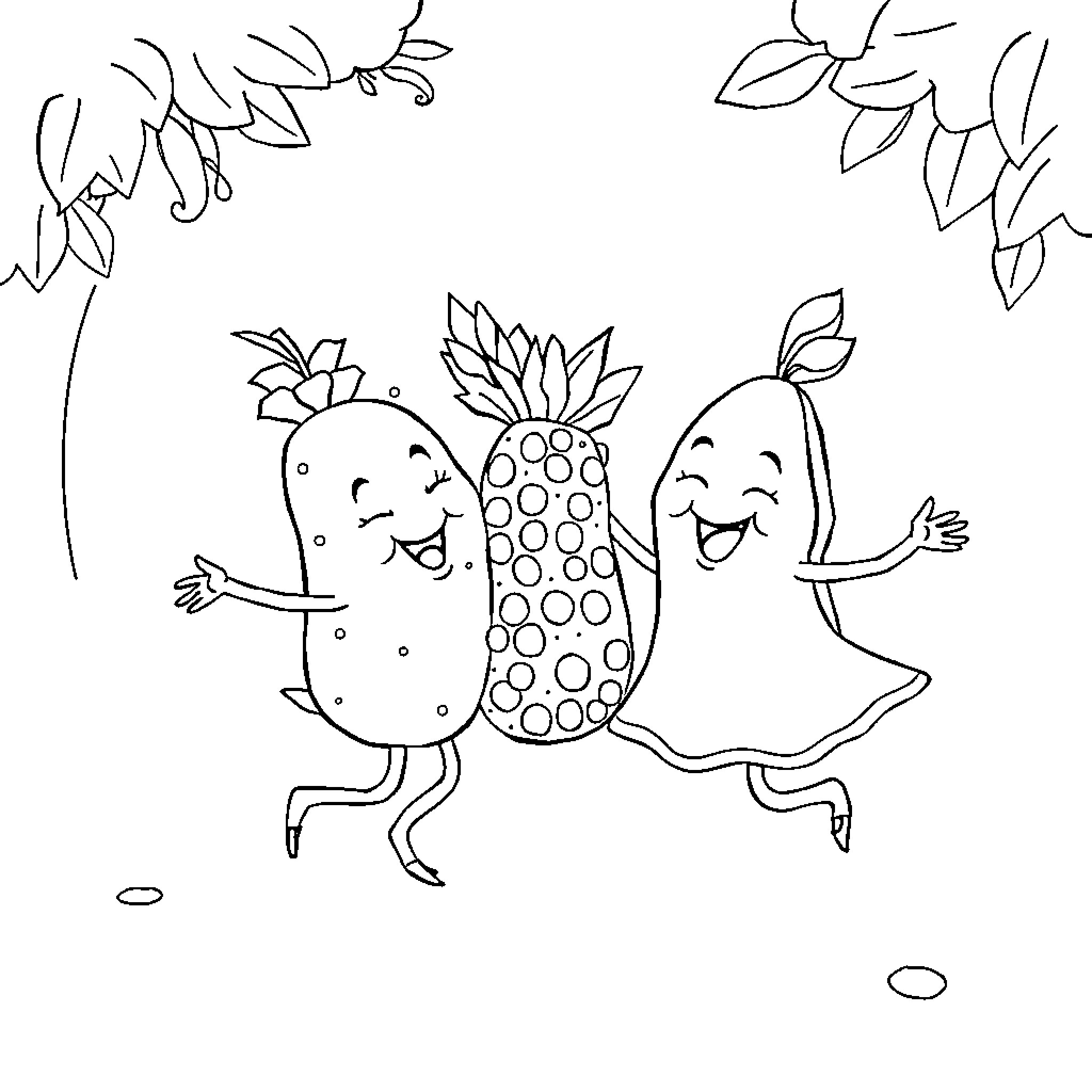 Fruit characters dancing happily together Coloring Page (free black-and-white line drawing printable PDF for all, from beginners to advanced learners, including children, teens, adults, and seniors)
