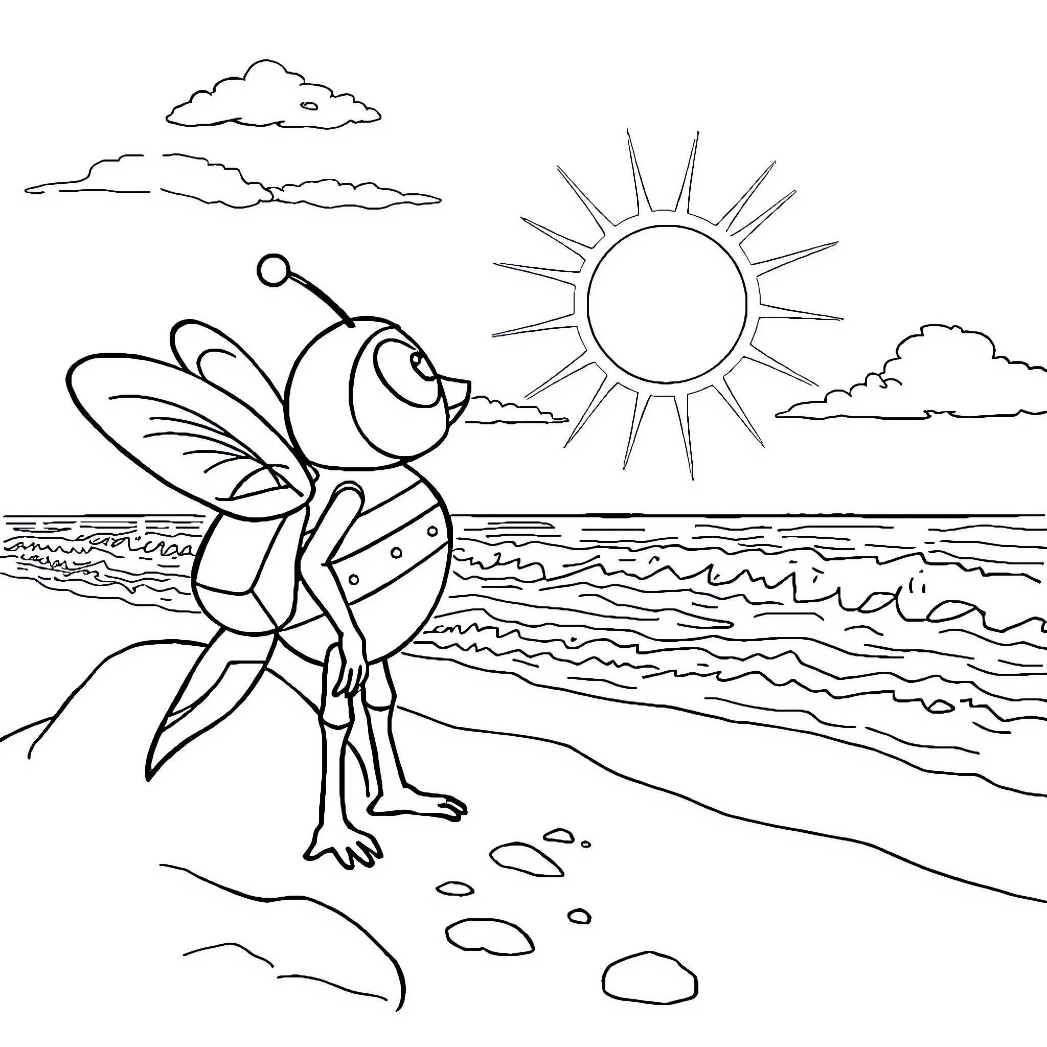 Buzz Lightyear exploring the beach on a sunny day Coloring Page (free black-and-white line drawing printable PDF for all, from beginners to advanced learners, including children, teens, adults, and seniors)