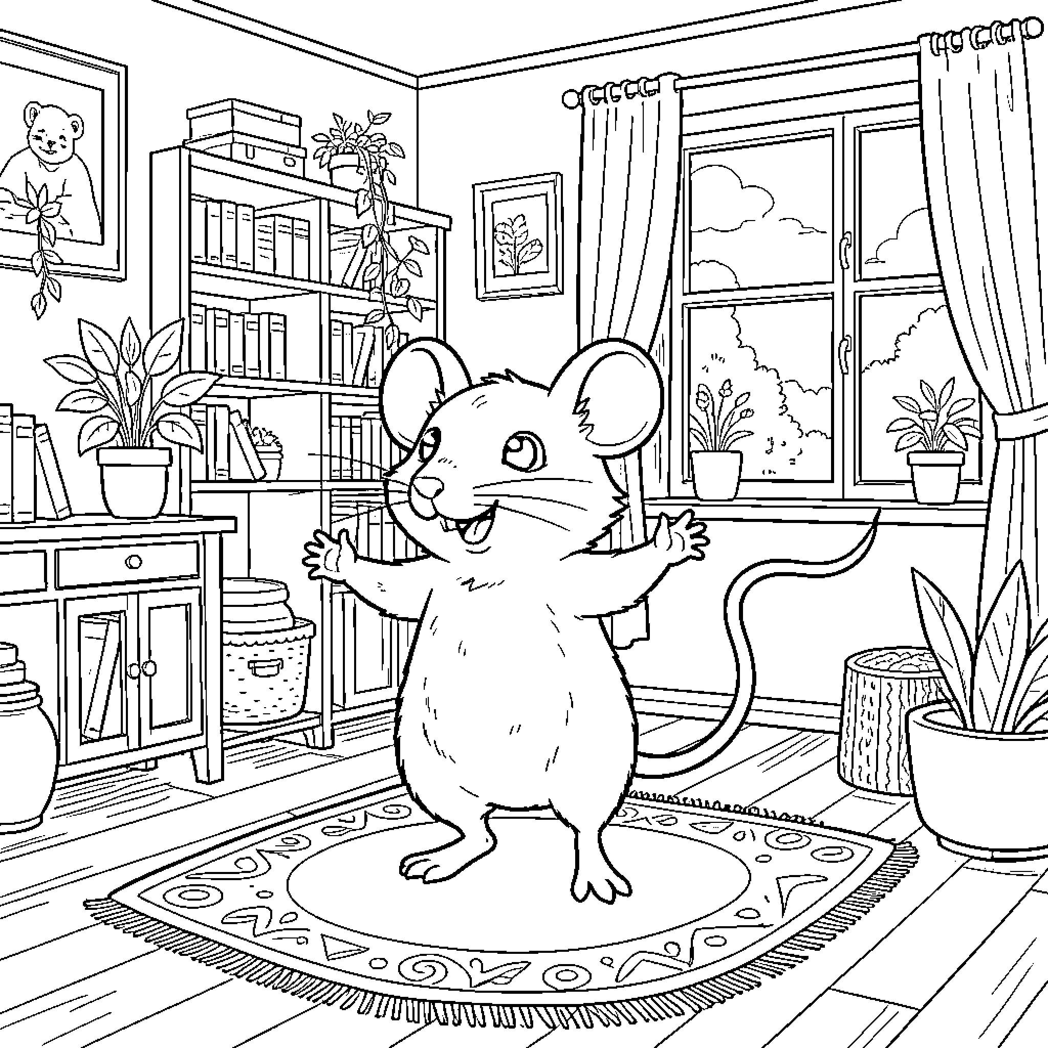 Souris dancing happily in a cozy living room Coloring Page (free black-and-white line drawing printable PDF for all, from beginners to advanced learners, including children, teens, adults, and seniors)
