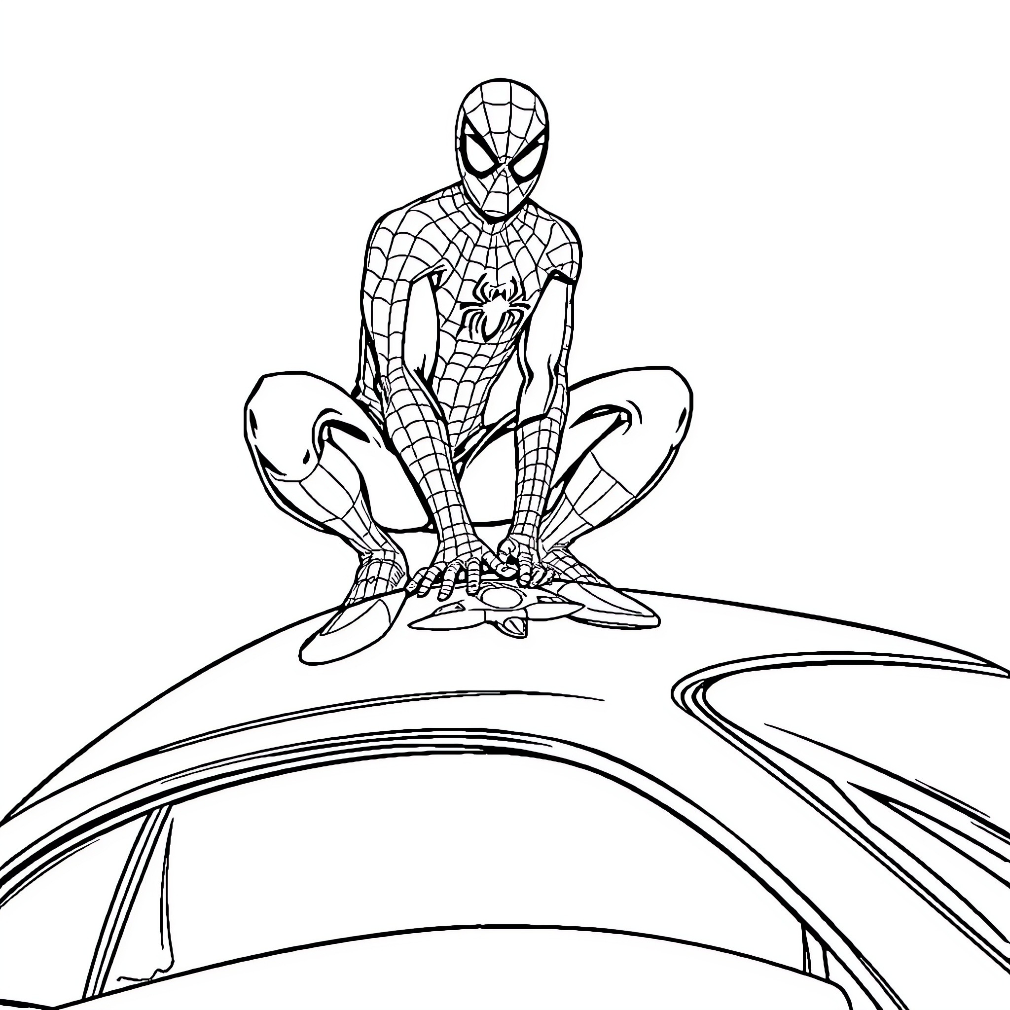 Spiderman swinging high above the city Coloring Page (free black-and-white line drawing printable PDF for all, from beginners to advanced learners, including children, teens, adults, and seniors)