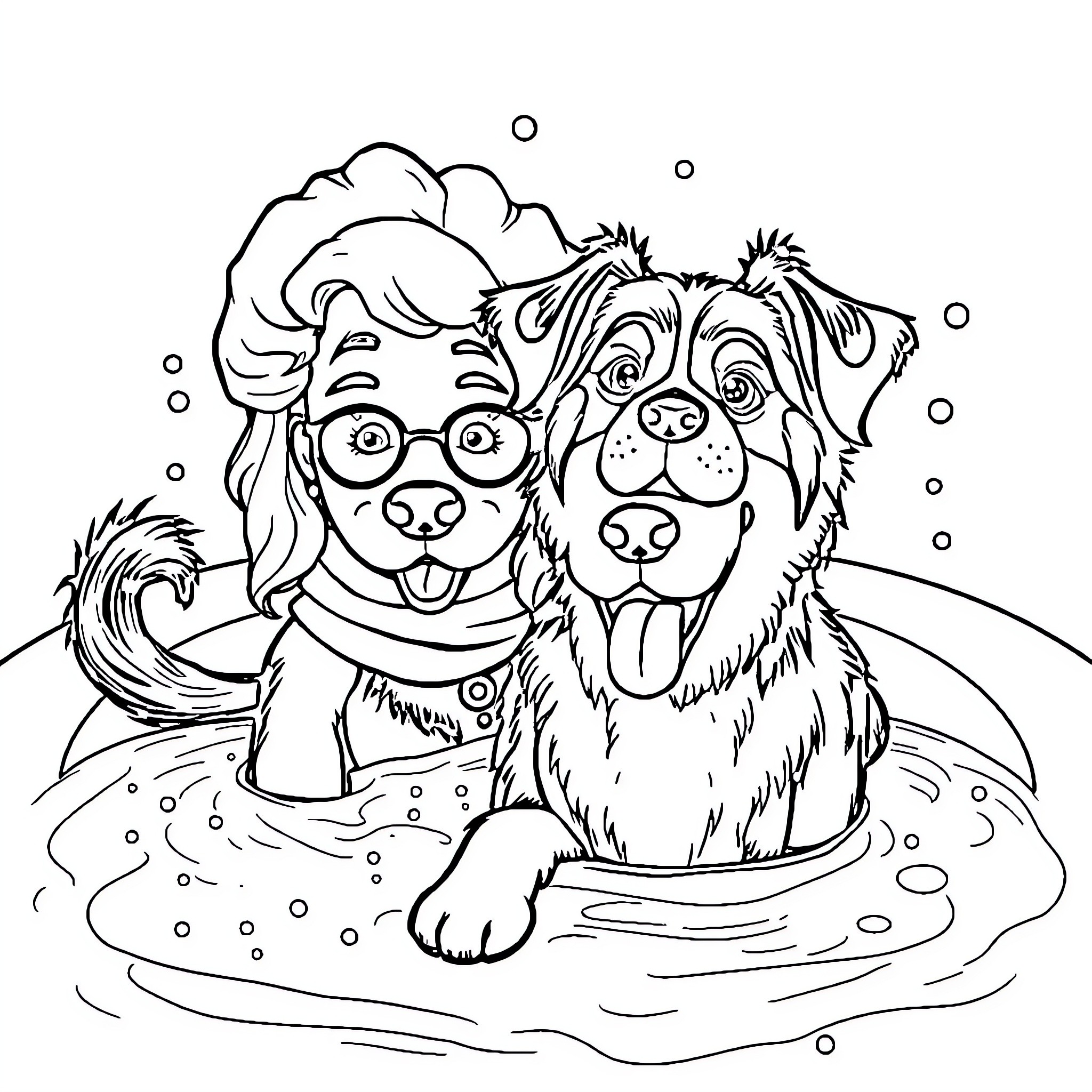 Grandparents enjoying a snowy day with their playful pup Coloring Page (free black-and-white line drawing printable PDF for all, from beginners to advanced learners, including children, teens, adults, and seniors)