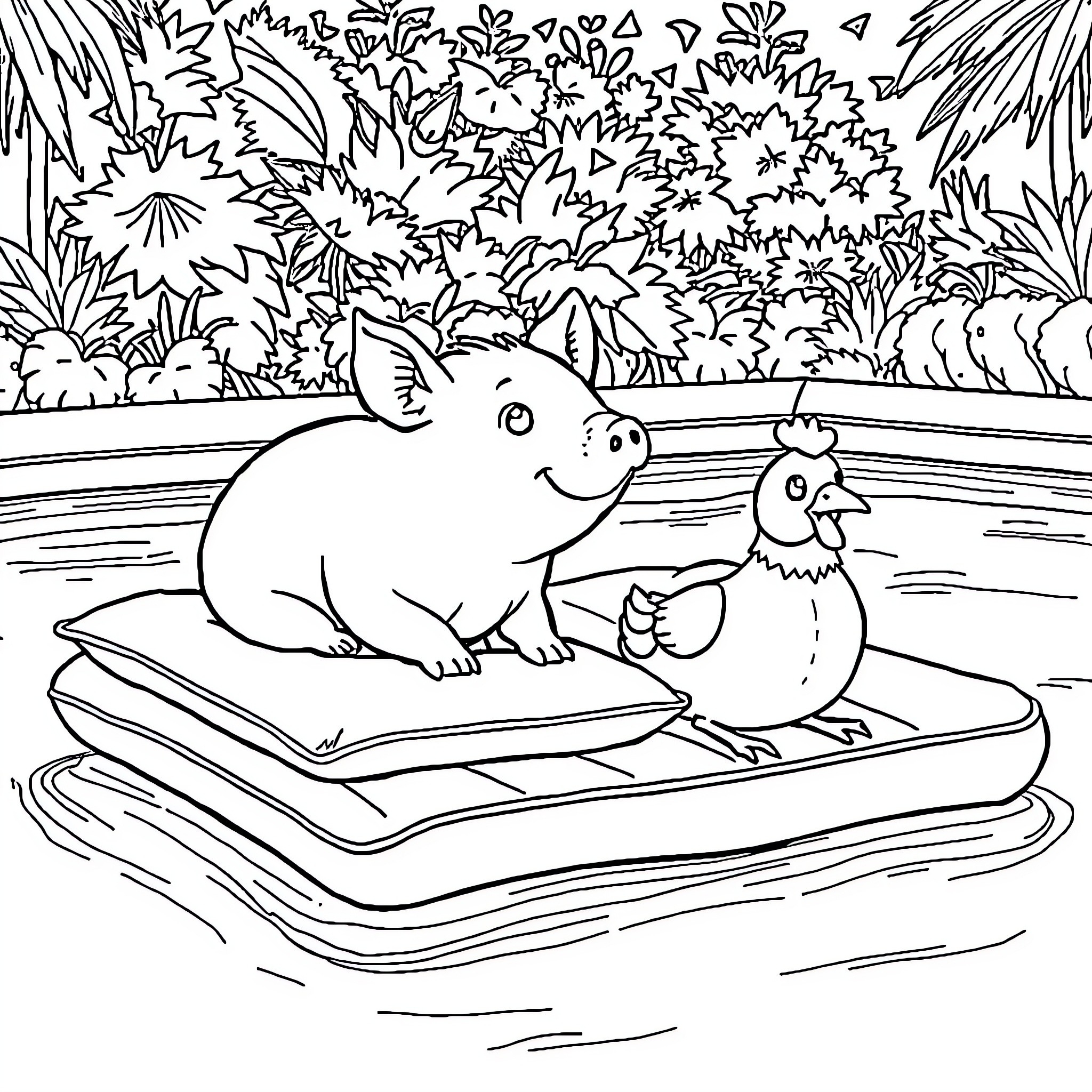 Guinea Pig Relaxing with Chicken Friend in Pool Coloring Page (free black-and-white line drawing printable PDF for all, from beginners to advanced learners, including children, teens, adults, and seniors)
