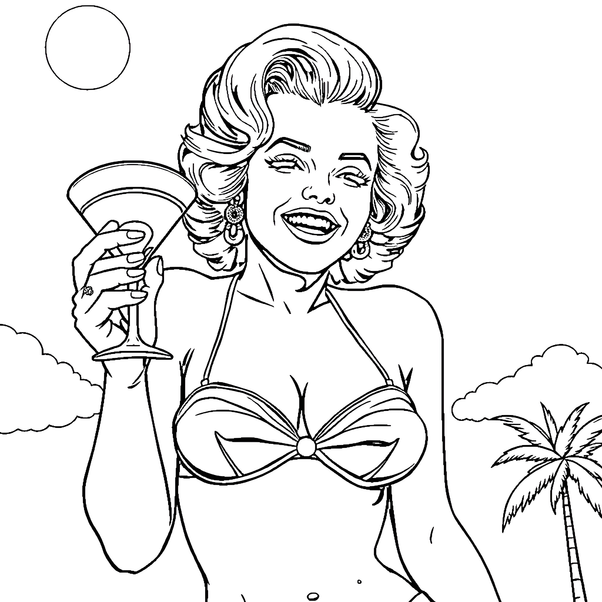 Marilyn Monroe in Swimsuit Enjoying Cocktail on Beach Coloring Page (free black-and-white line drawing printable PDF for all, from beginners to advanced learners, including children, teens, adults, and seniors)