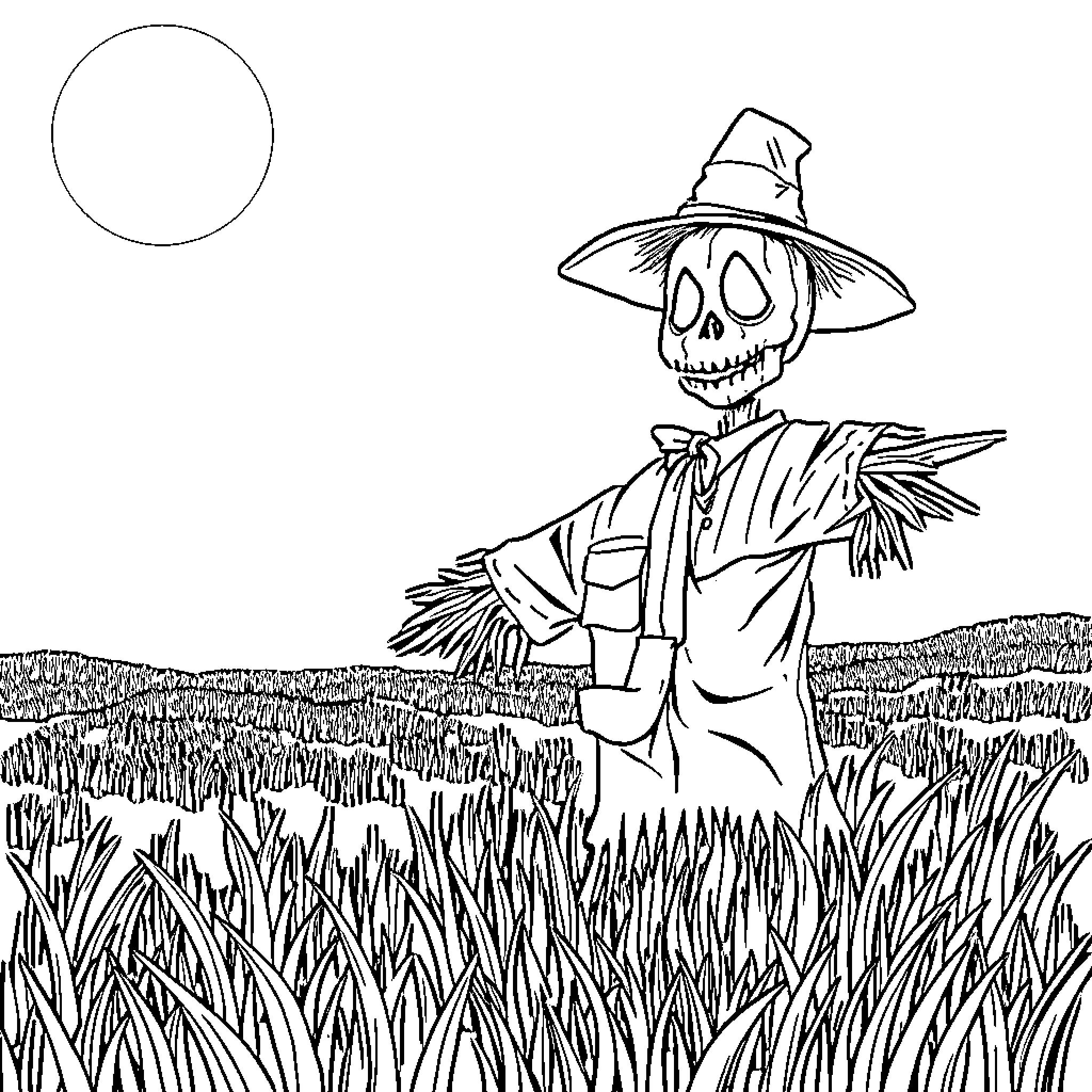 Scarecrow standing in a field under the moon Coloring Page (free black-and-white line drawing printable PDF for all, from beginners to advanced learners, including children, teens, adults, and seniors)