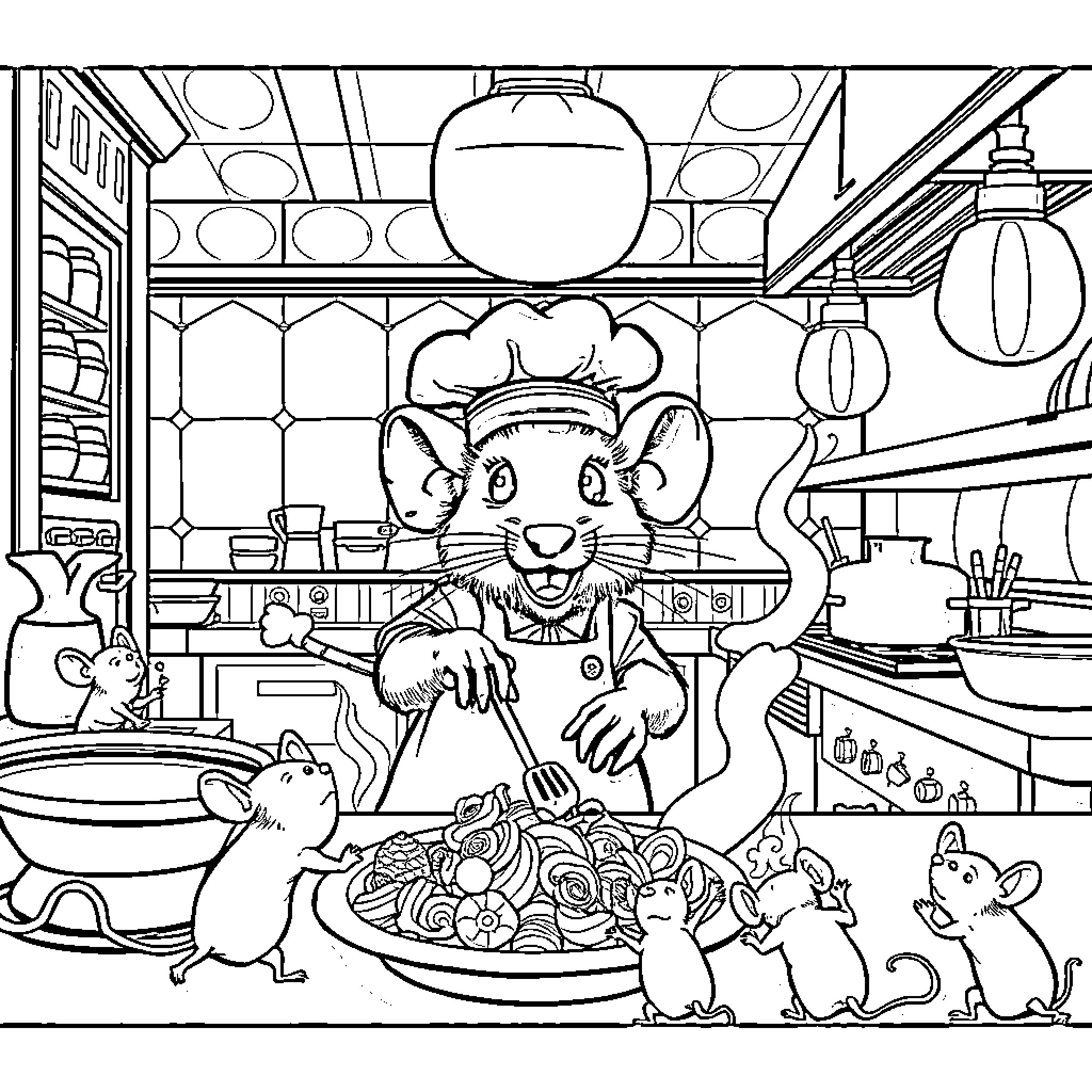 Rat Chef Cooking a Feast for Hungry Mice Coloring Page (free black-and-white line drawing printable PDF for all, from beginners to advanced learners, including children, teens, adults, and seniors)