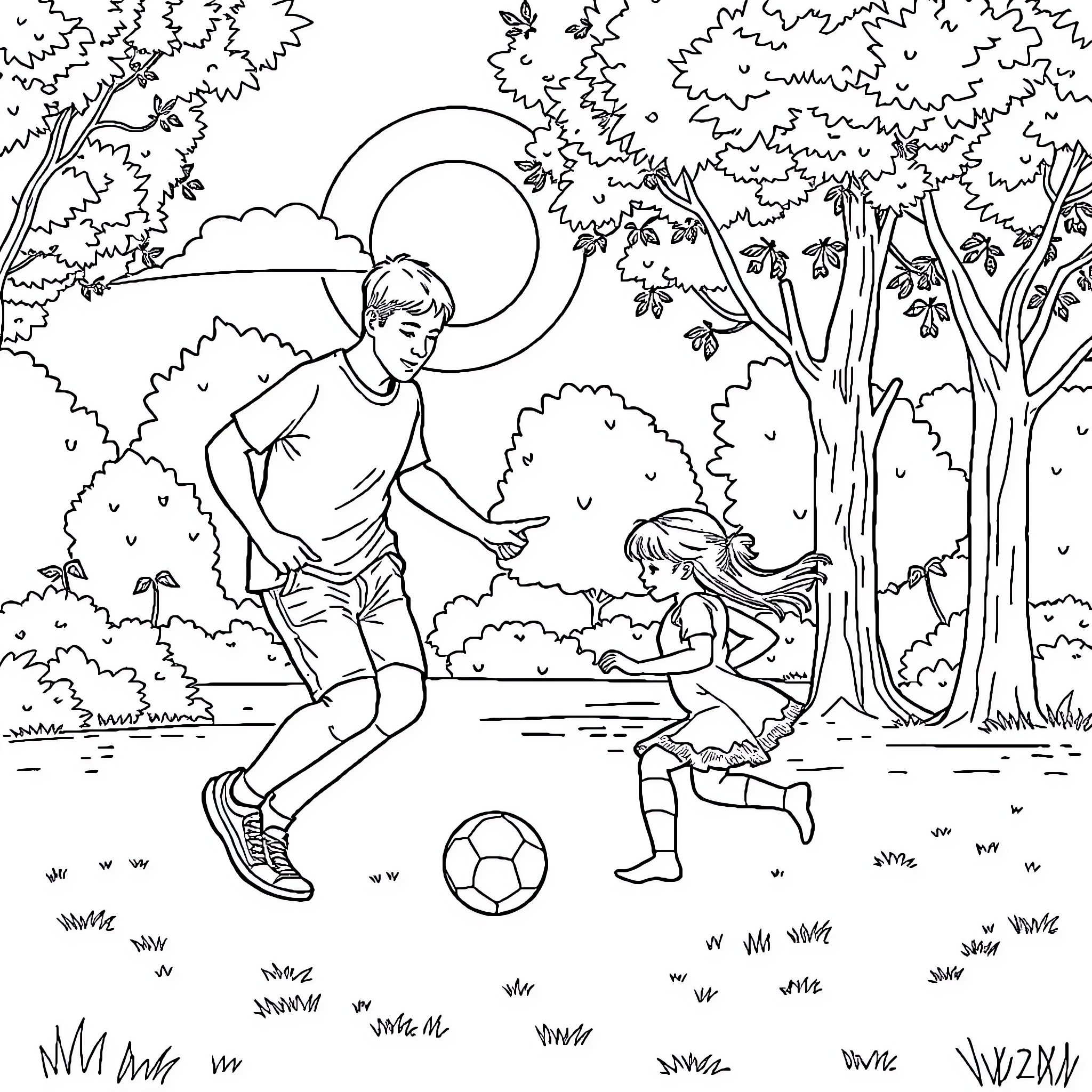 Soccer players enjoying a game in the park Coloring Page (free black-and-white line drawing printable PDF for all, from beginners to advanced learners, including children, teens, adults, and seniors)