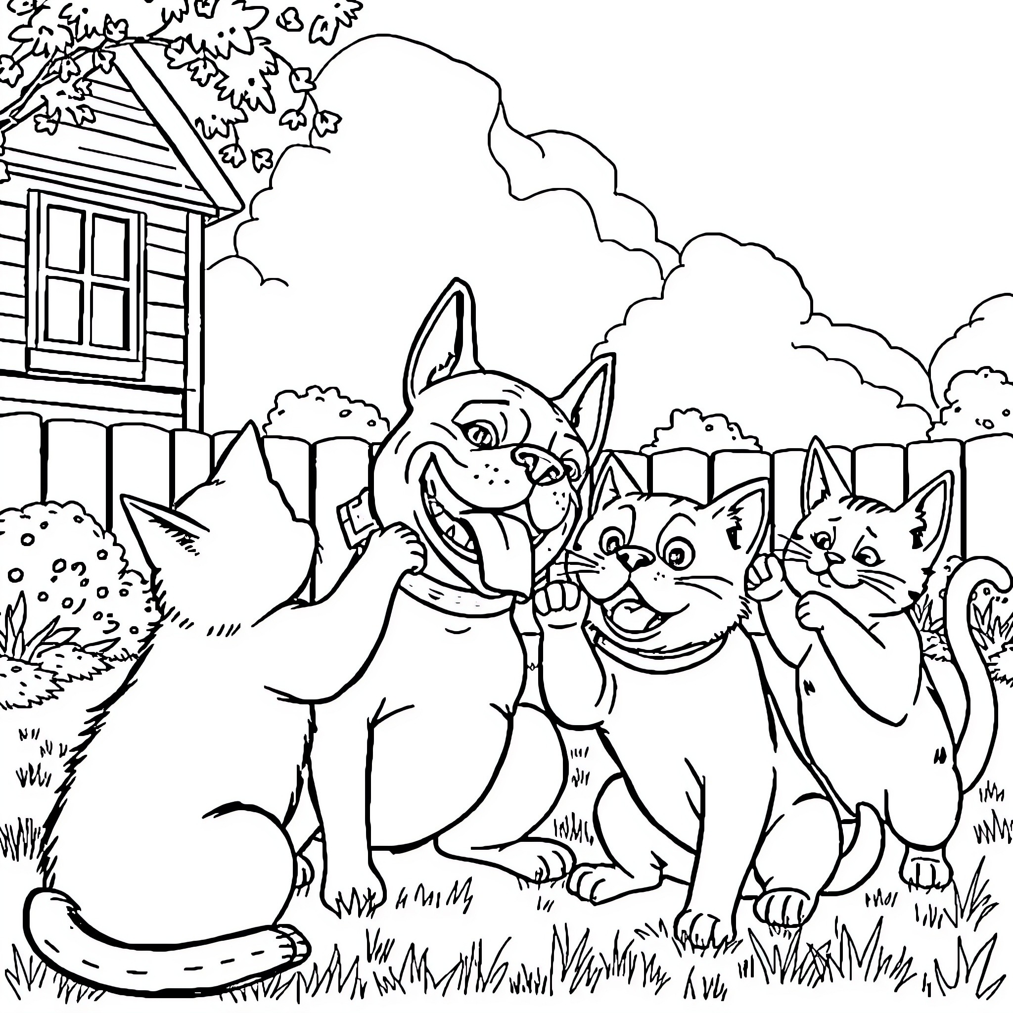 Cats enjoying a fun outdoor scene Coloring Page (free black-and-white line drawing printable PDF for all, from beginners to advanced learners, including children, teens, adults, and seniors)
