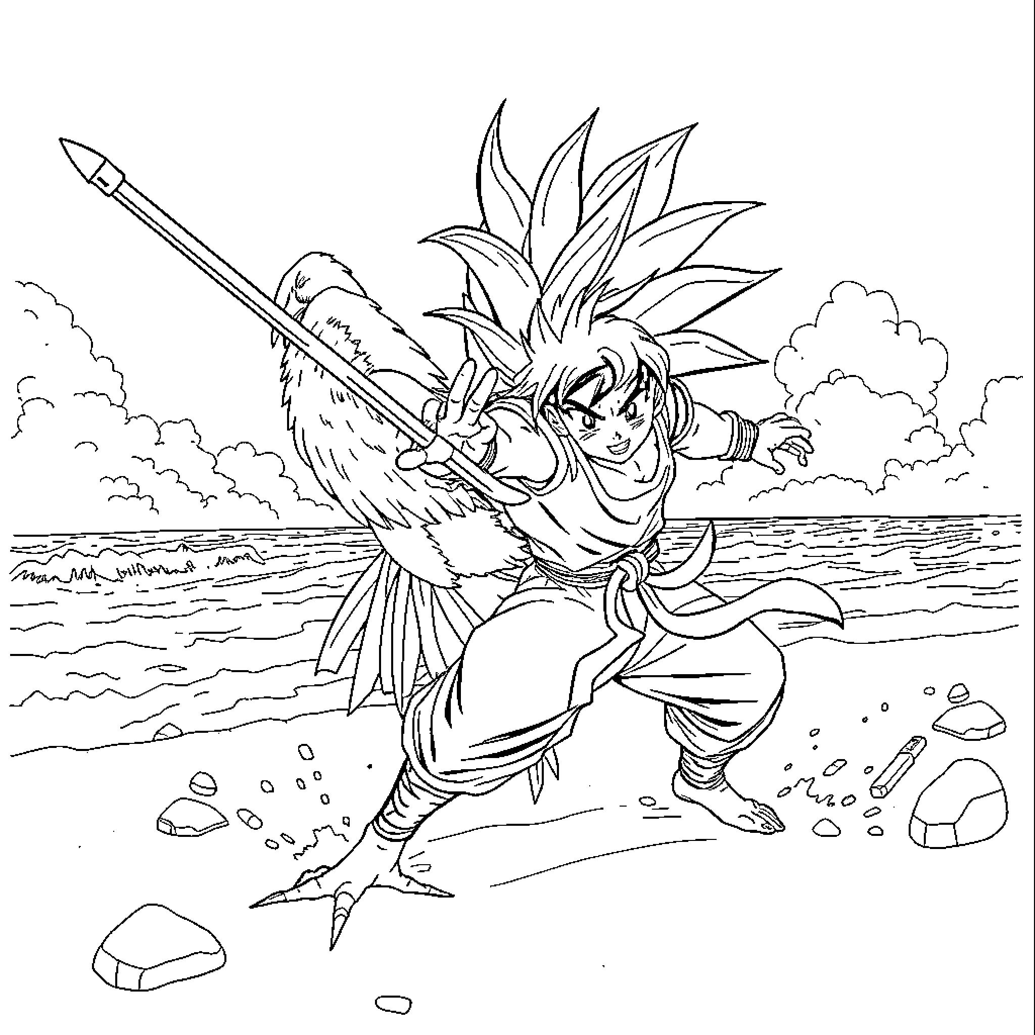 Gallo's Heroic Adventure on the Shoreline Coloring Page (free black-and-white line drawing printable PDF for all, from beginners to advanced learners, including children, teens, adults, and seniors)
