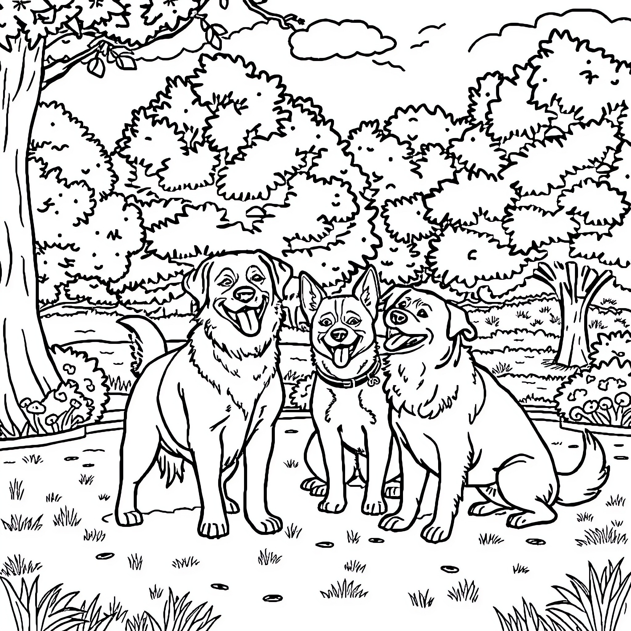 Dog friends enjoying the outdoors Coloring Page (free black-and-white line drawing printable PDF for all, from beginners to advanced learners, including children, teens, adults, and seniors)