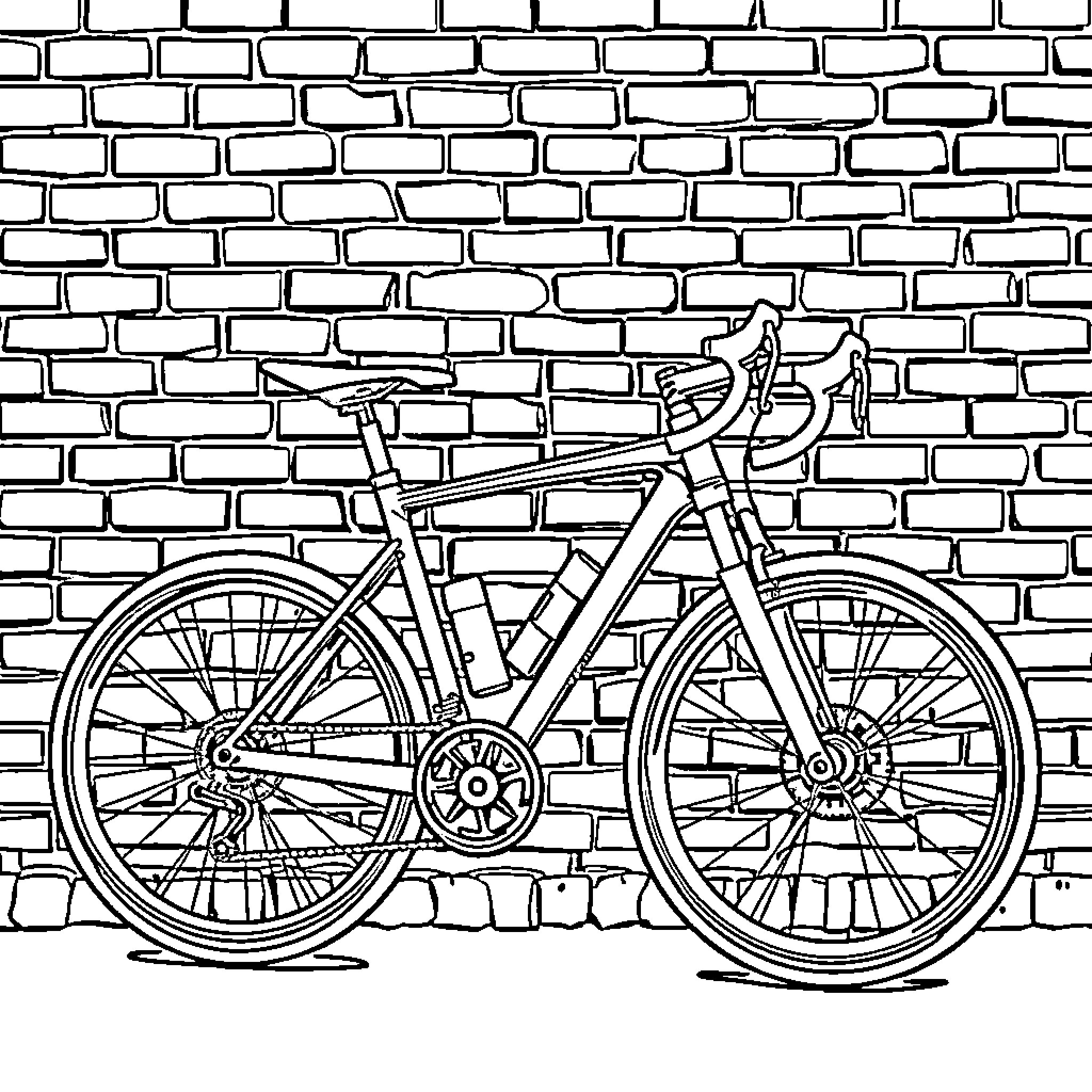 Road Bike on Brick Wall Coloring Page (free black-and-white line drawing printable PDF for all, from beginners to advanced learners, including children, teens, adults, and seniors)