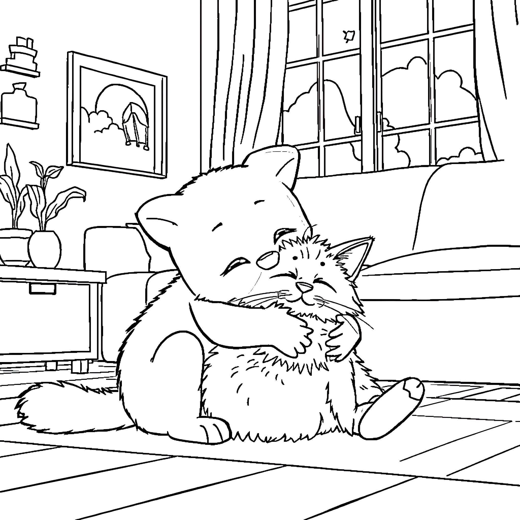 Bluey's Cozy Nap Time at Home Coloring Page (free black-and-white line drawing printable PDF for all, from beginners to advanced learners, including children, teens, adults, and seniors)