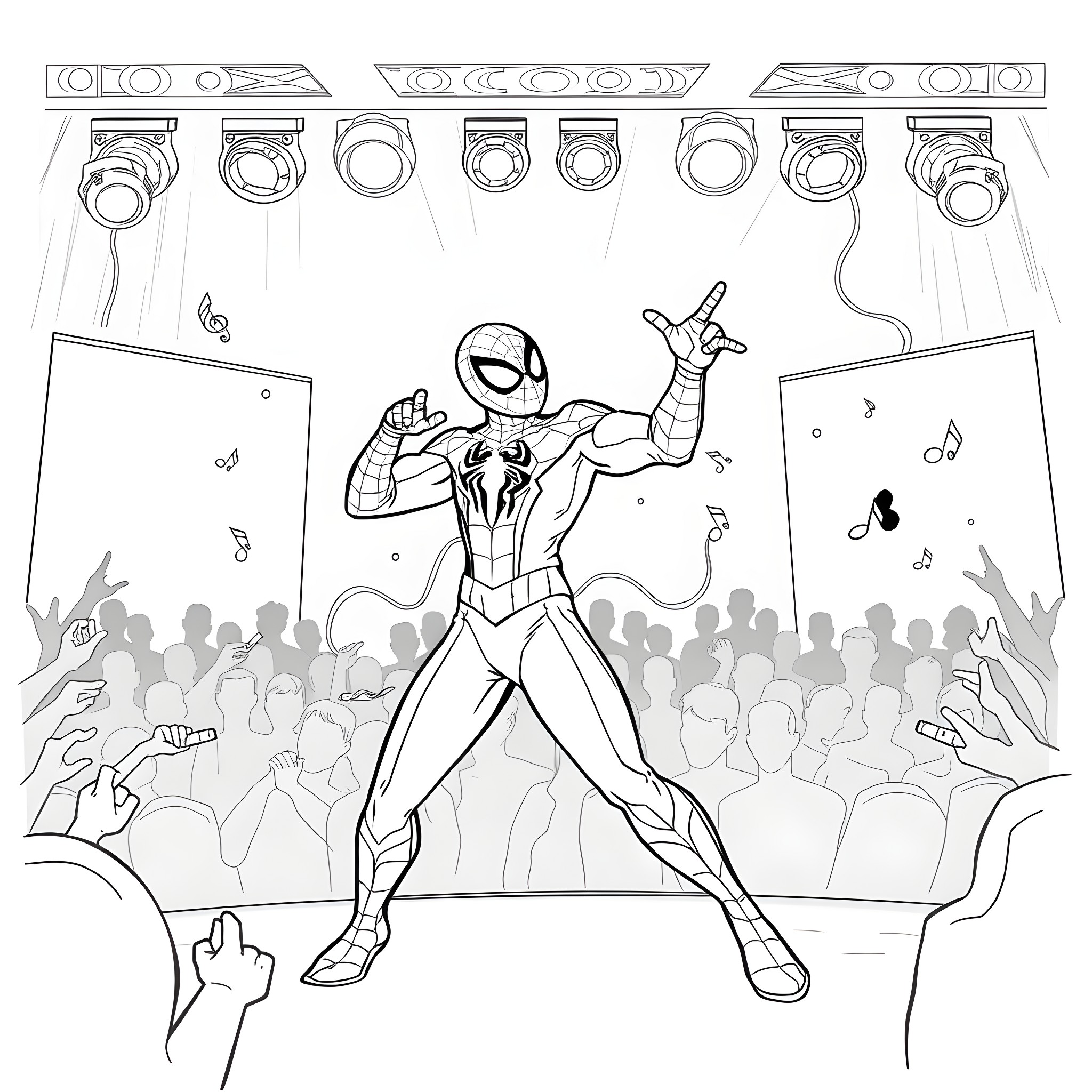 Spidey performs heroic stunts on stage Coloring Page (free black-and-white line drawing printable PDF for all, from beginners to advanced learners, including children, teens, adults, and seniors)
