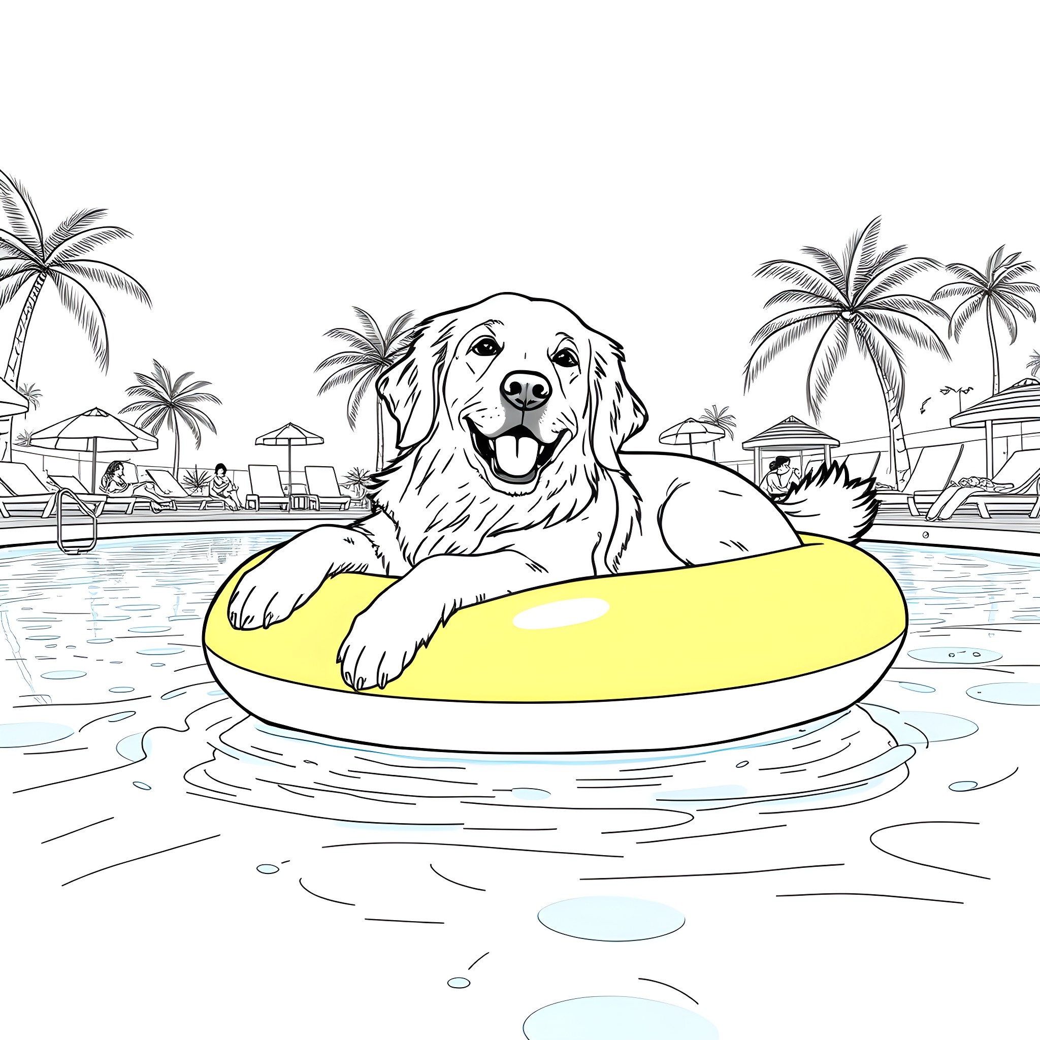 Golden Retriever Relaxing on a Floating Tube in the Pool Coloring Page (free black-and-white line drawing printable PDF for all, from beginners to advanced learners, including children, teens, adults, and seniors)