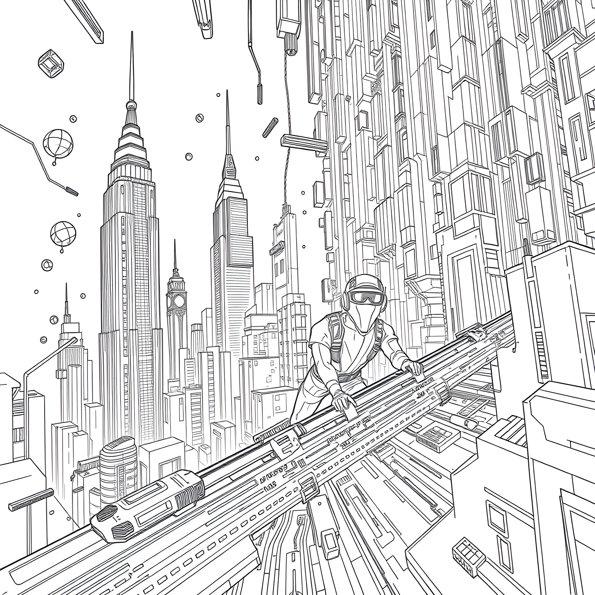 Netrunner glides through the futuristic city skyline Coloring Page (free black-and-white line drawing printable PDF for all, from beginners to advanced learners, including children, teens, adults, and seniors)